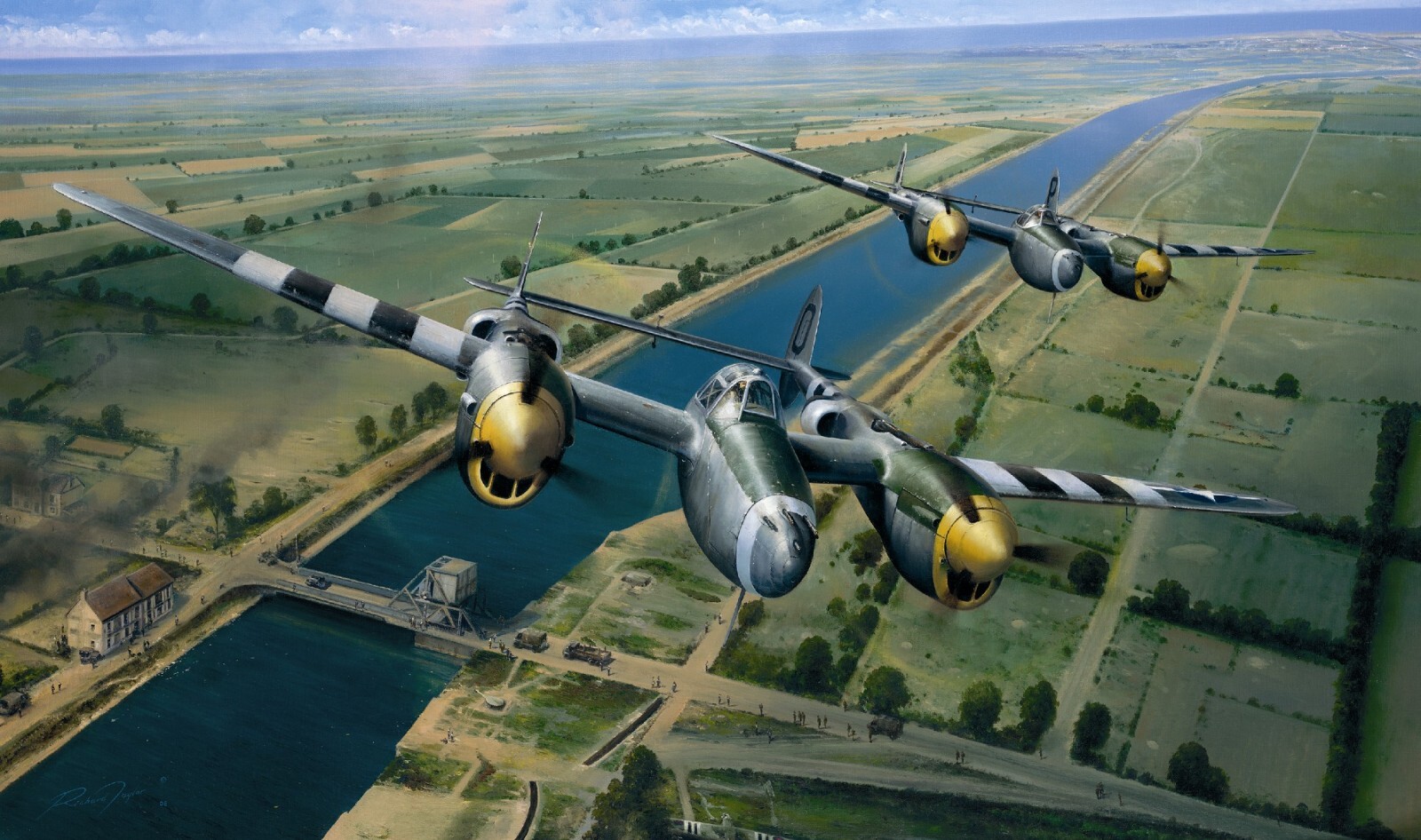 TACTICAL SUPPORT by Richard Taylor aviation art Signed by 6 D-Day Veterans