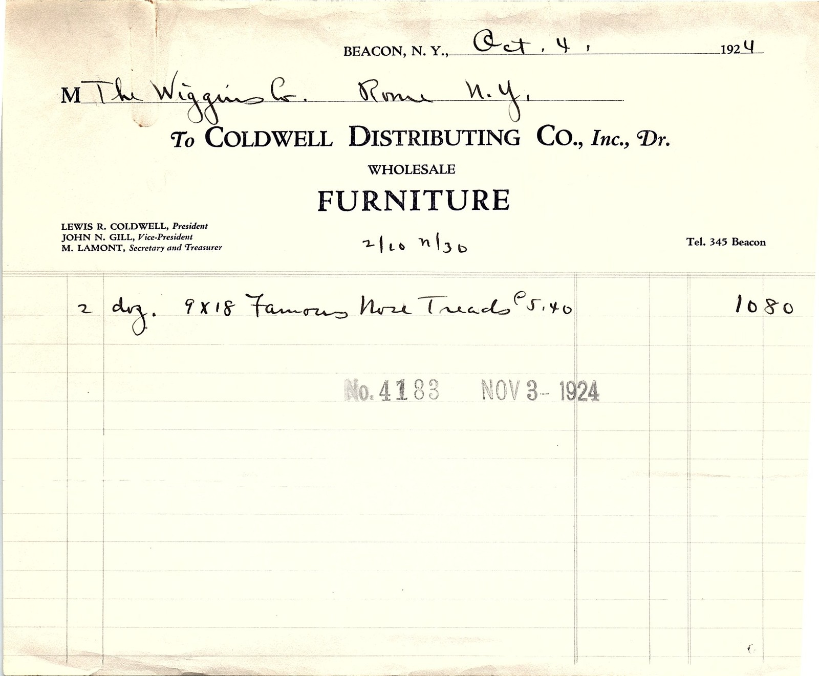 1924 Coldwell Distributing Co. Beacon NY Billhead