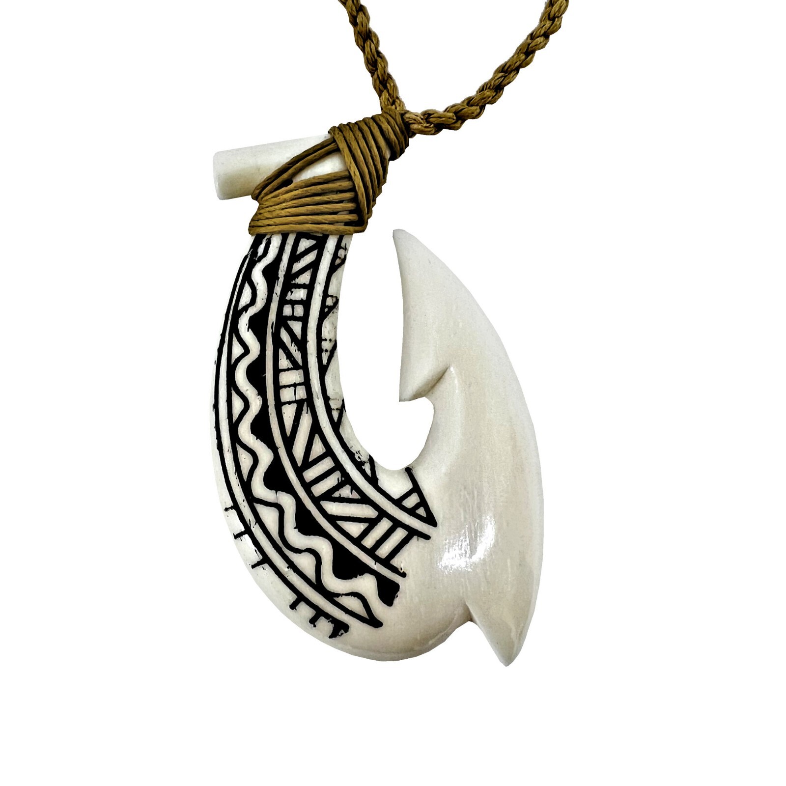 Hawaiian Jewelry Black Tattoo Buffalo Bone  Makau Fish Hook Maui Hawaii Necklace
