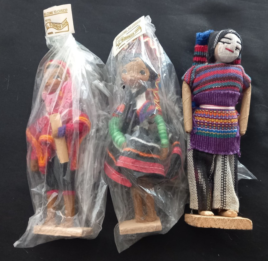 2 Dolls From Cusco Peru From El Dorado Inn + Guatemalan Worry Doll
