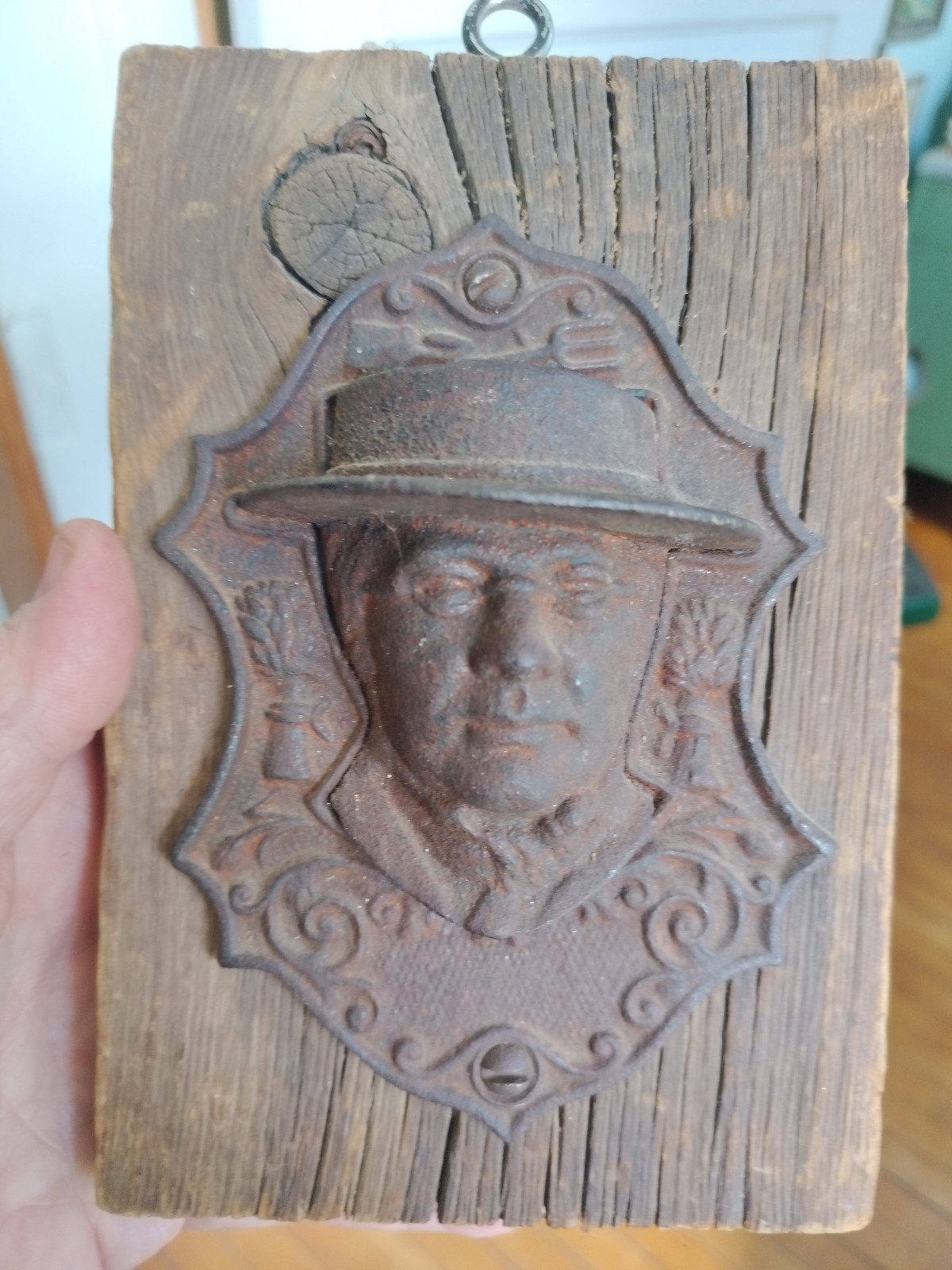 Antique Horace Greeley Cast Iron Wall Pocket Match Safe Holder B1C