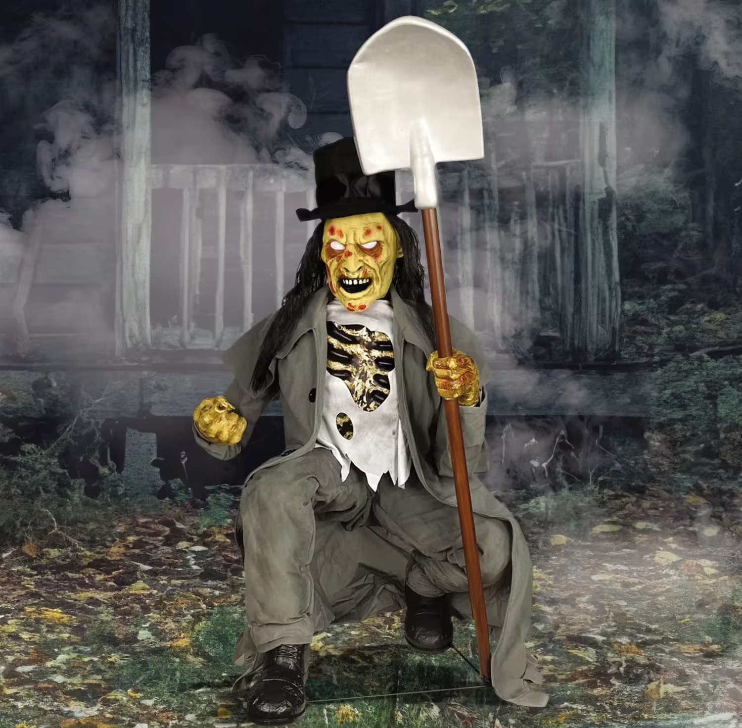 Animated Light-Up Graveyard Digger Halloween Decoration, Sound Spooky Prop
