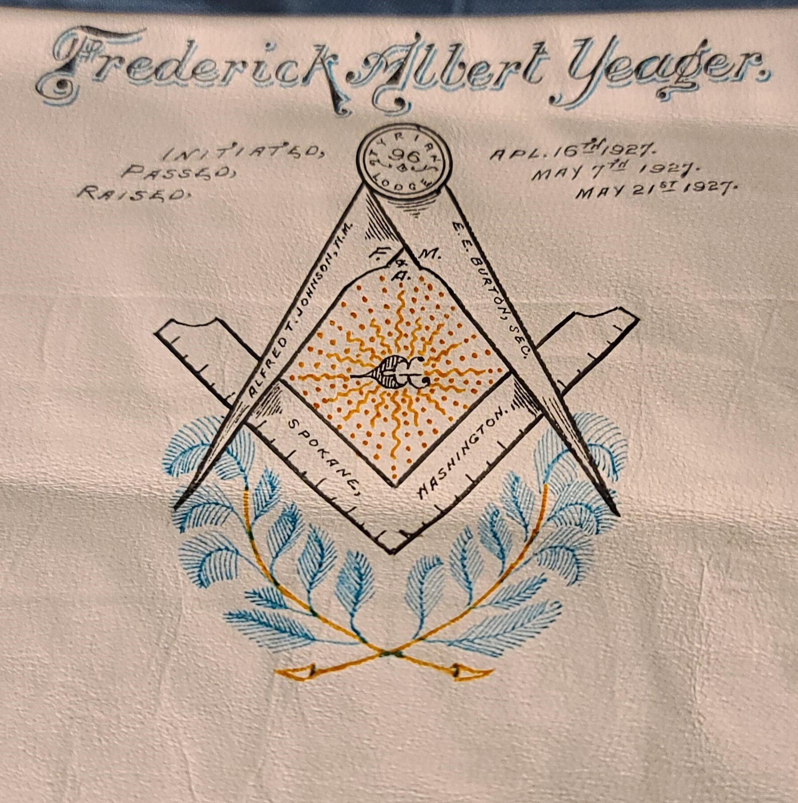 1927 Freemason Masonic Templar Apron Fred Yeager Spokane Washington Tyrian Lodge