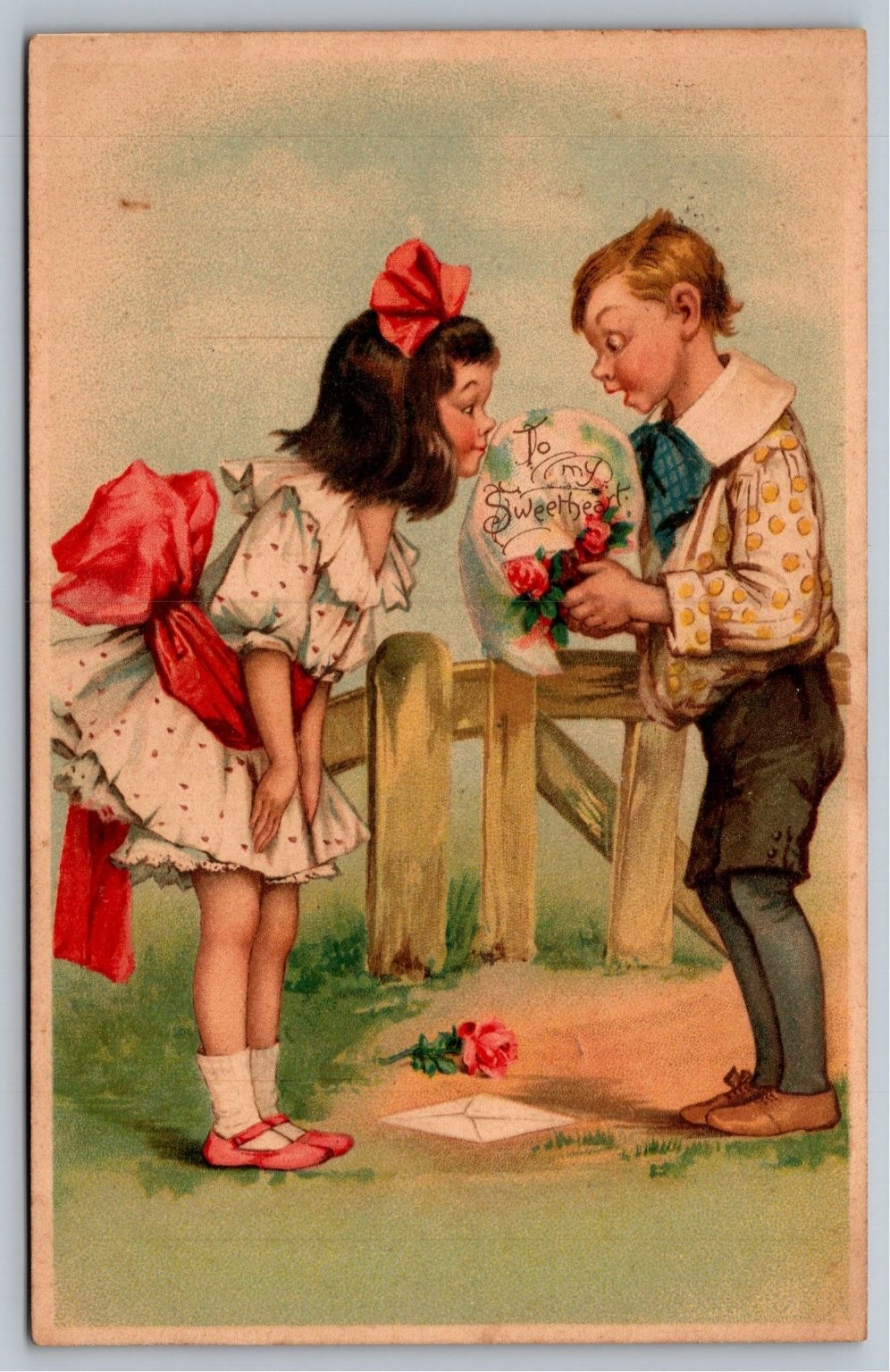 1906 Raphael Tuck Valentine Postcard Boy Girl Roses \