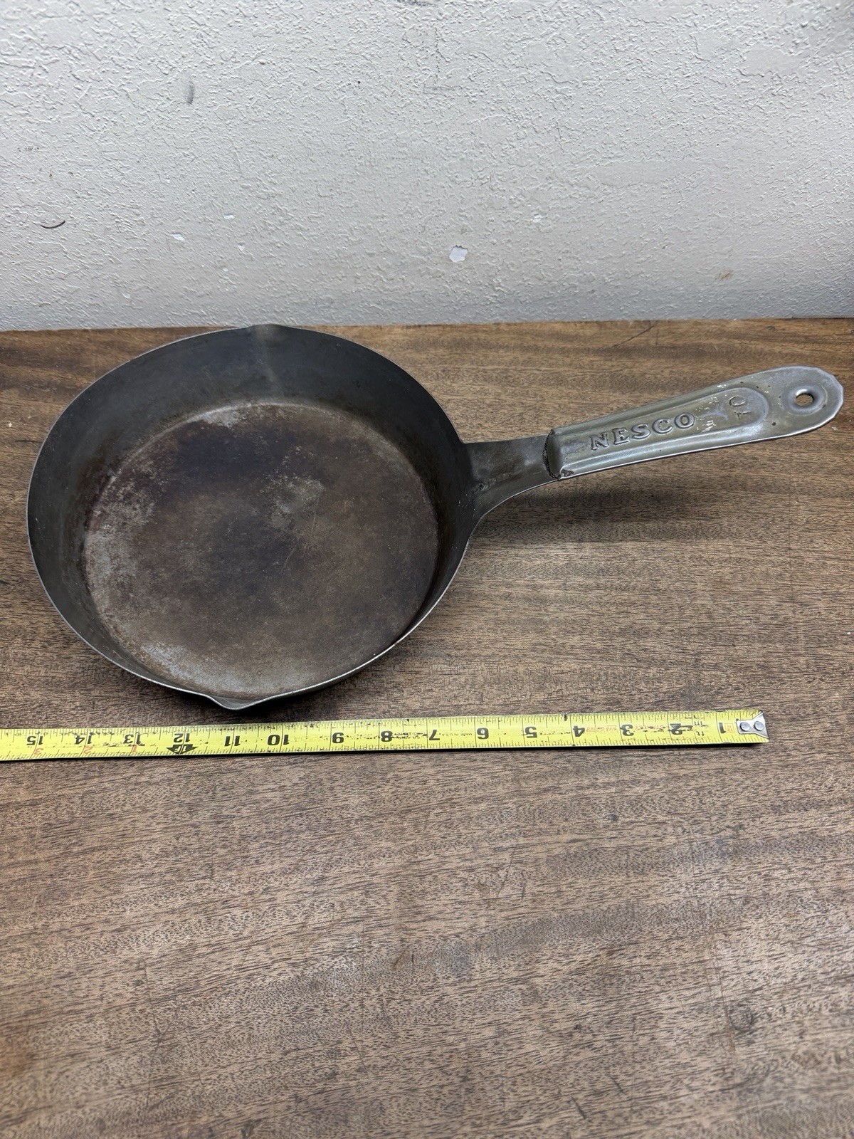Vintage NESCO Tin Cowboy Frying Pan Cold Handle No 70 Metal Skillet w/ Spout