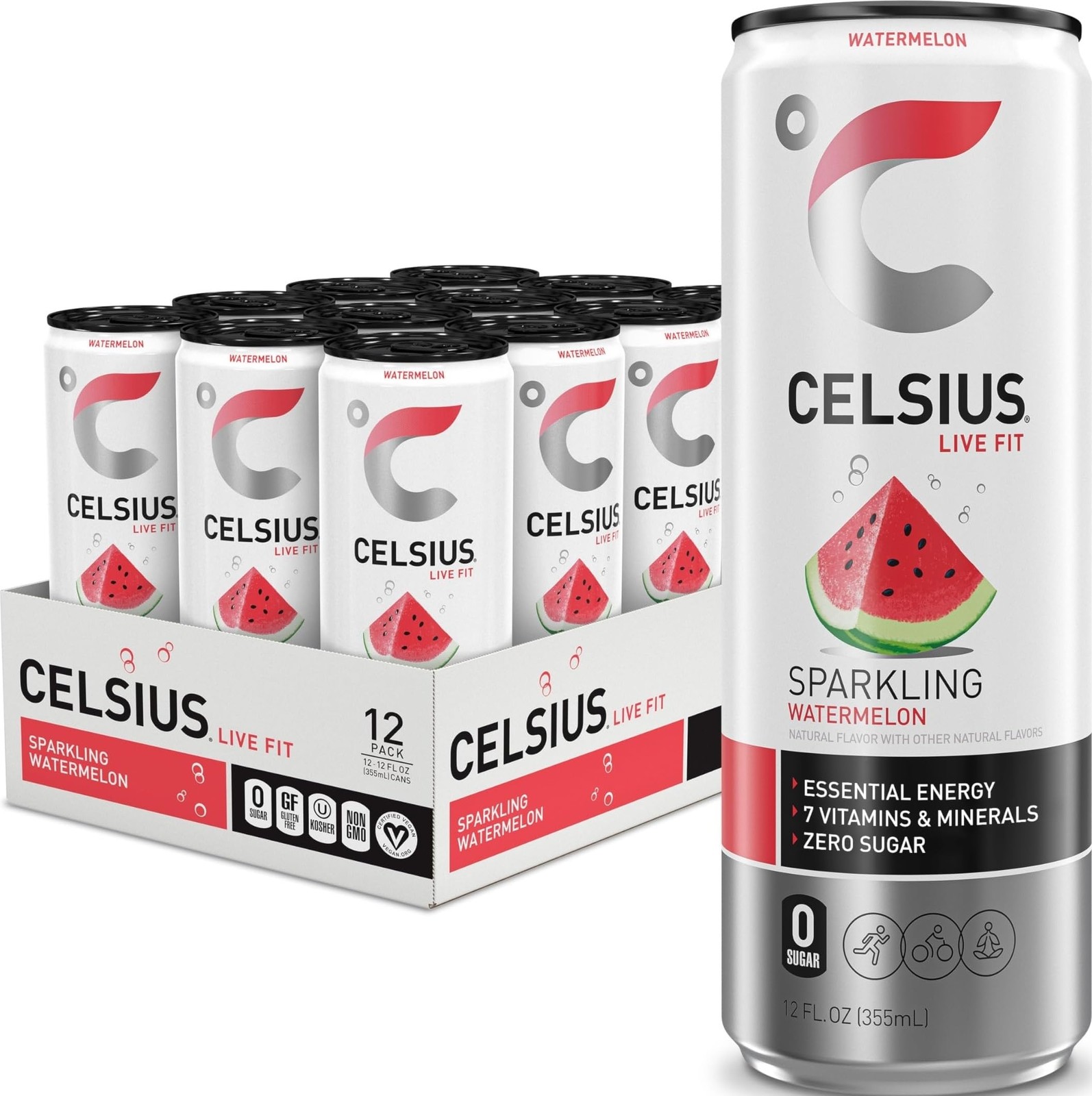 CELSIUS Sparkling Watermelon, Sugar Free 12 Fl Oz (Pack of 12), Watermelon