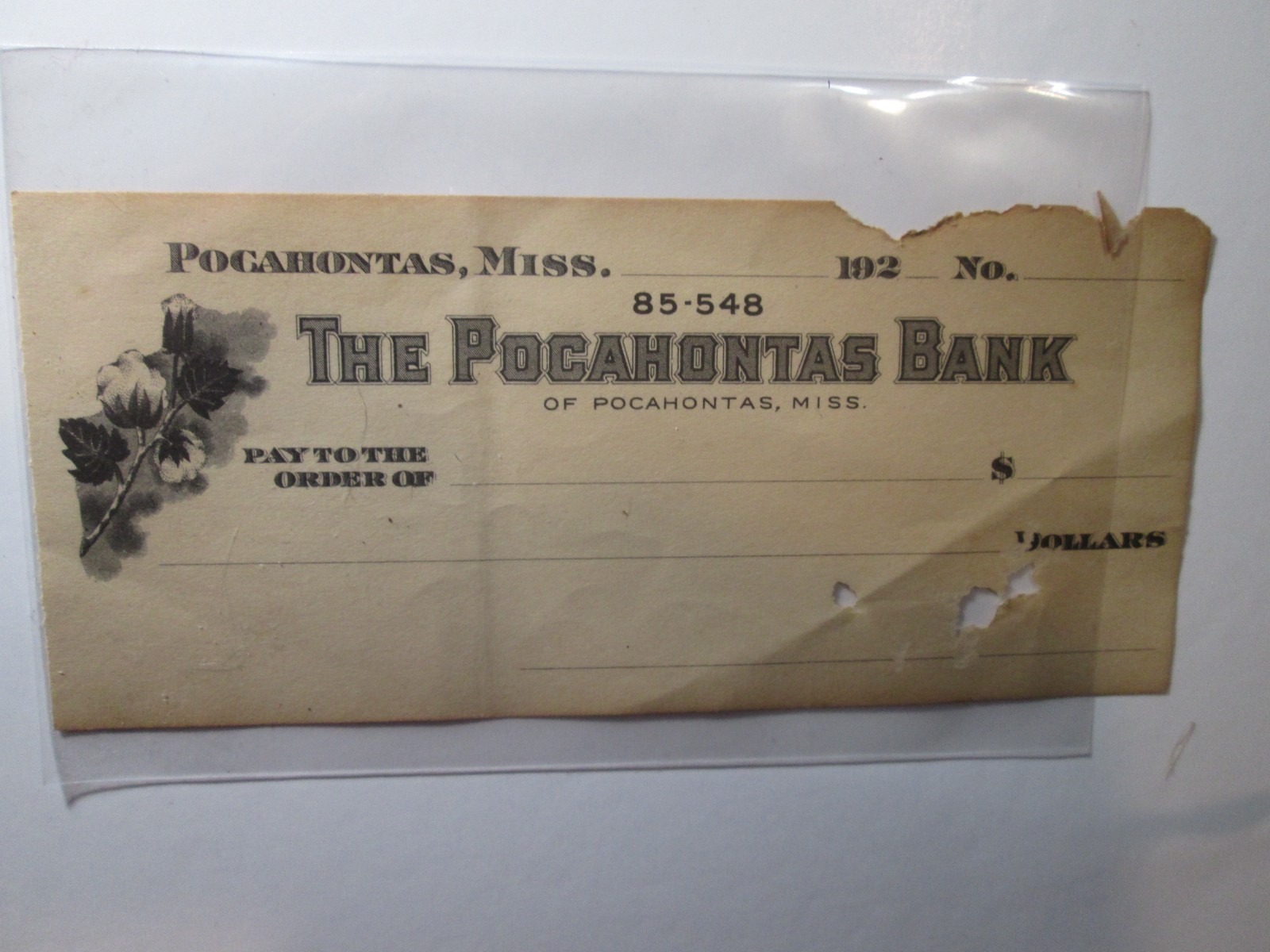 C1920s - The Pocahontas Bank Mississippi Blank Check