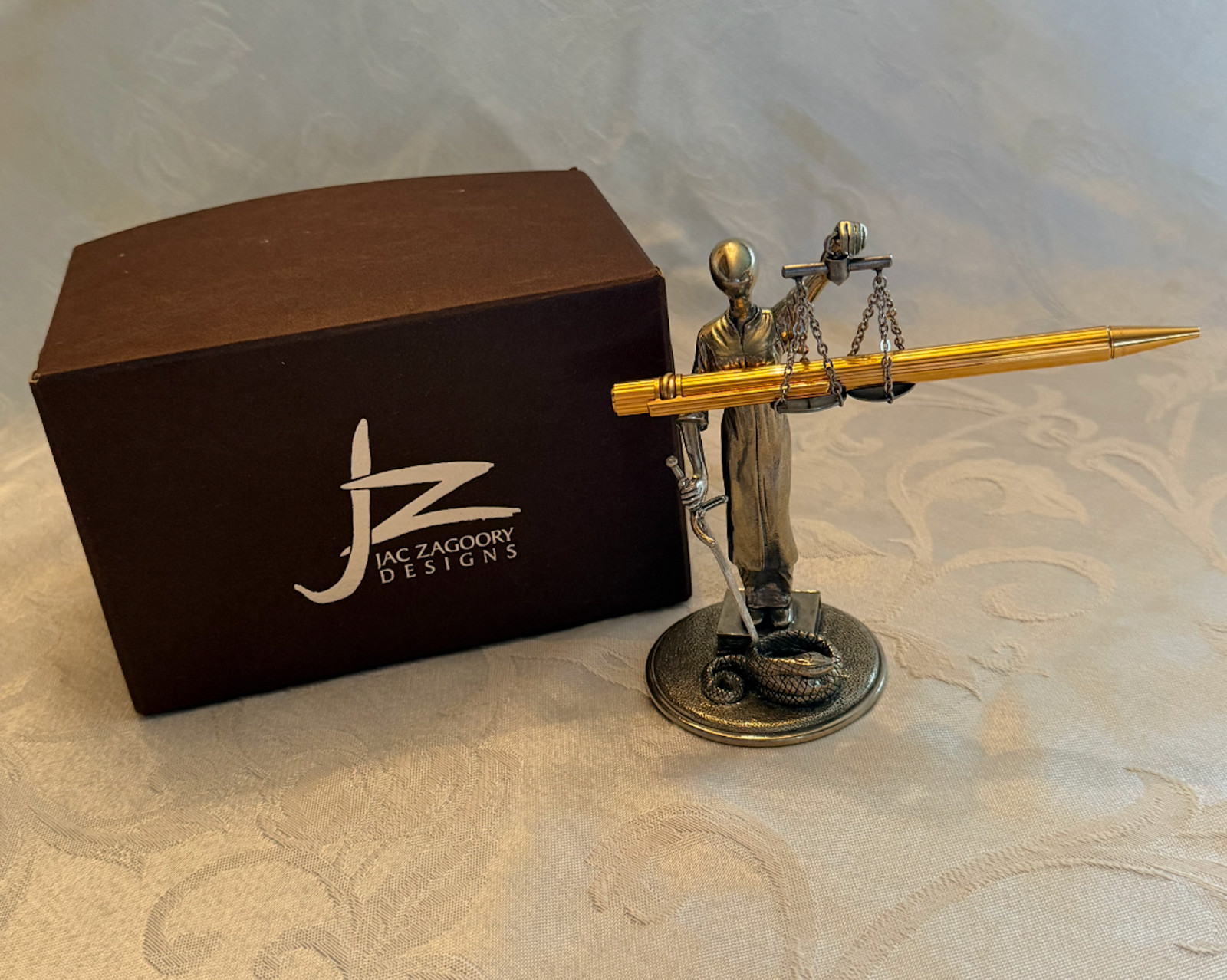 Jac Zagoory Designs Vintage PH89 Lady Justice Pewter Pen Holder + Original Box