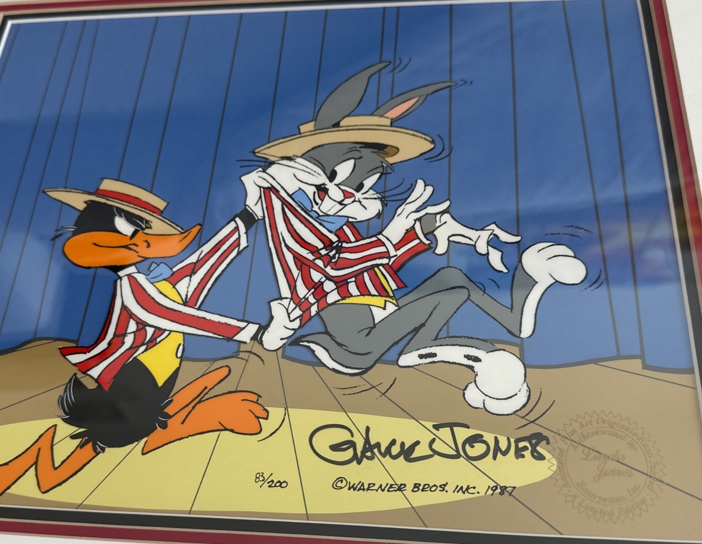 EXIT STAGE RIGHT Chuck Jones Cel Bugs and Daffy Duck Looney Tunes Cell REFRAMED