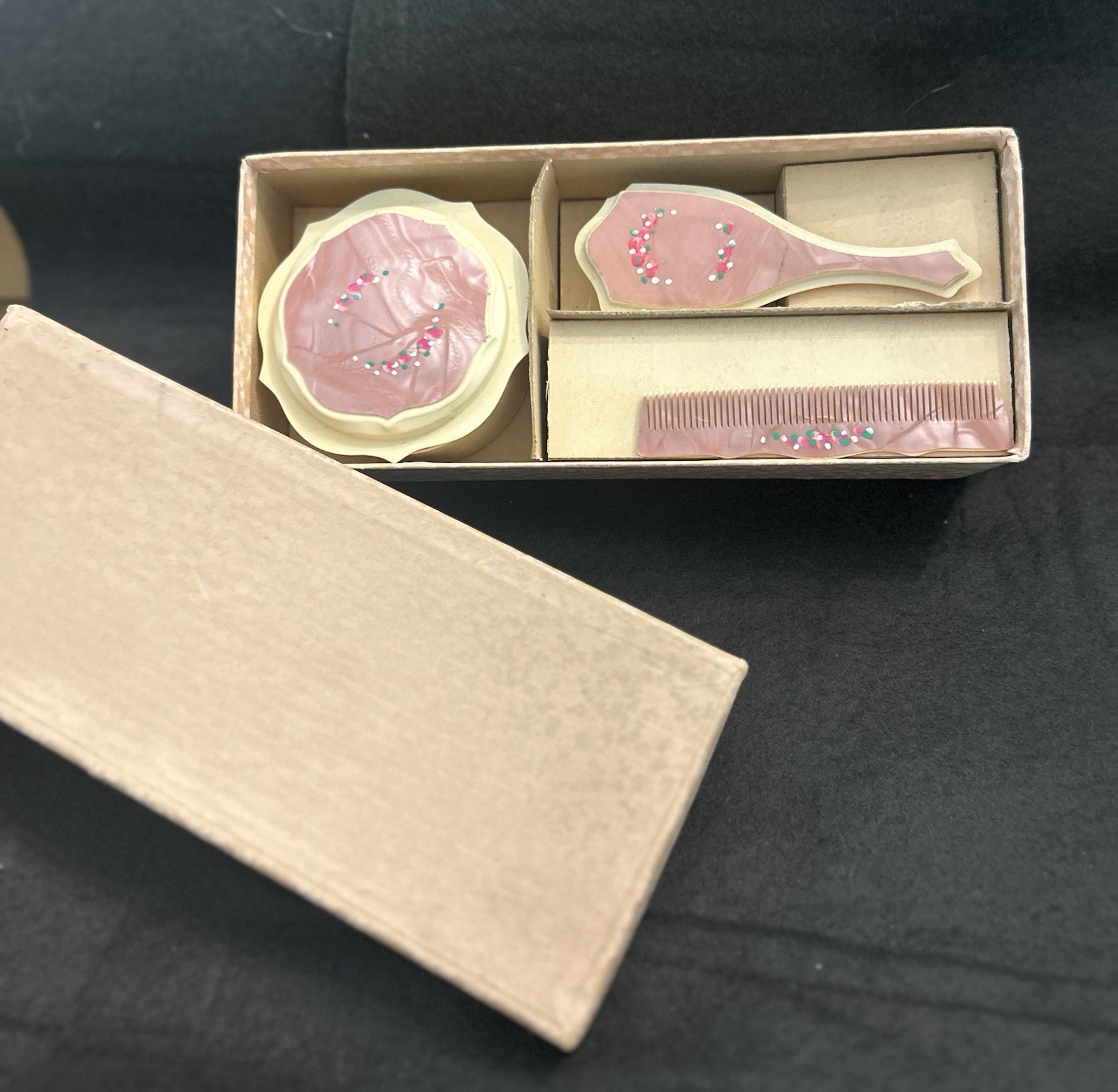 VINTAGE INFANT CHILD’S DOLL PINK FLOWER, VANITY BRUSH SET & ORIGINAL BOX