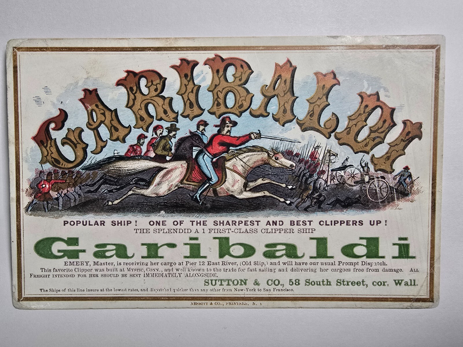 1860s Garibaldi Sutton Clipper Ship Card Emery Master New York San Francisco CA