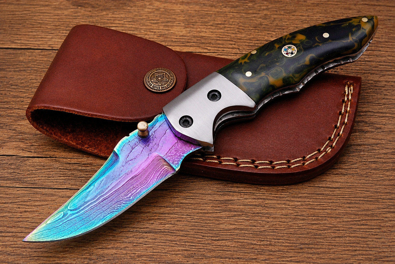 Premium Handmade Folding Knife Rainbow Damascus Style Blade w/Leather Sheath1427