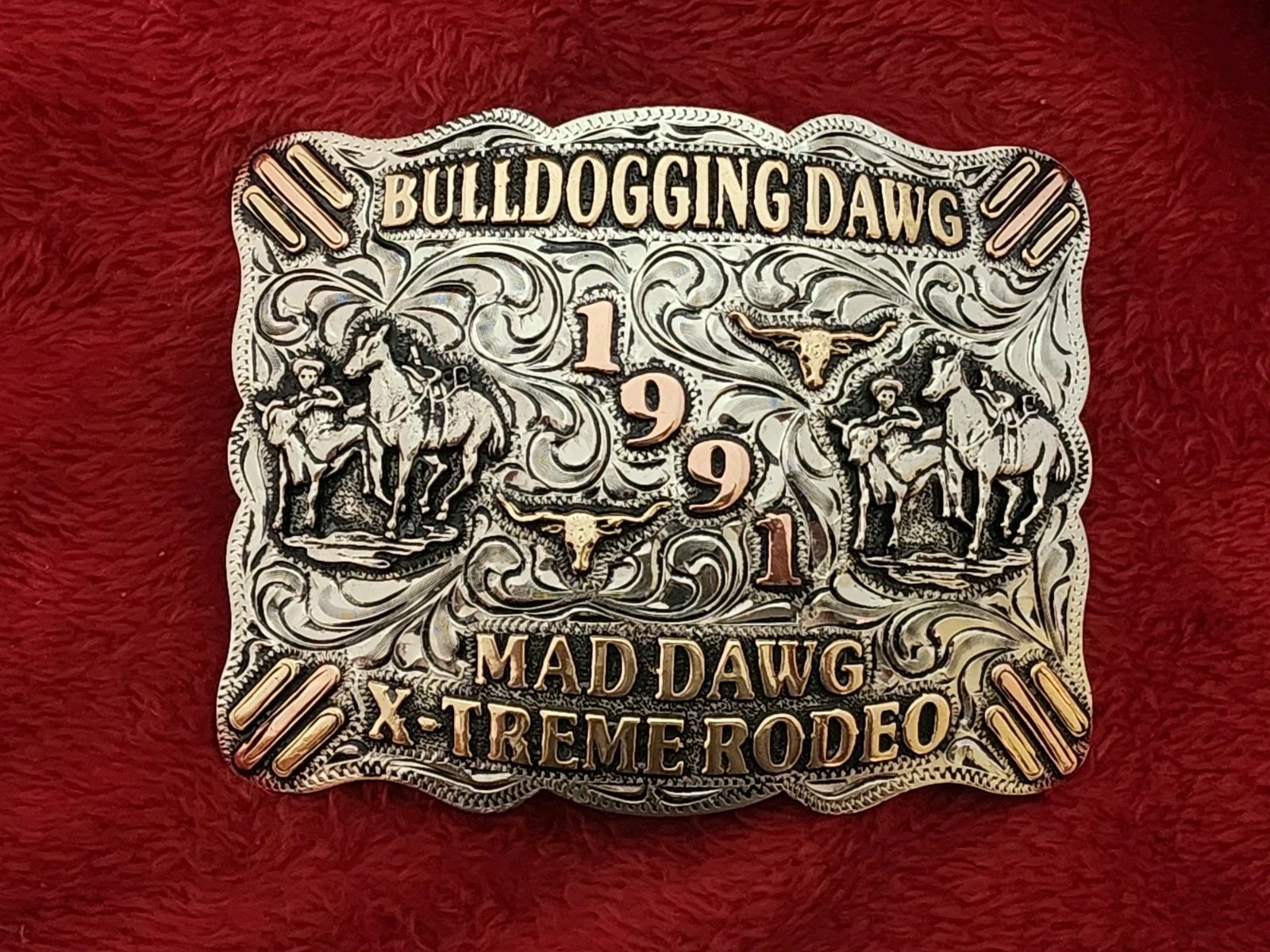 Rodeo X~Treme BULLDOGGING Champion☆1991☆Mad Dawg☆Trophy Buckle☆Rare☆57