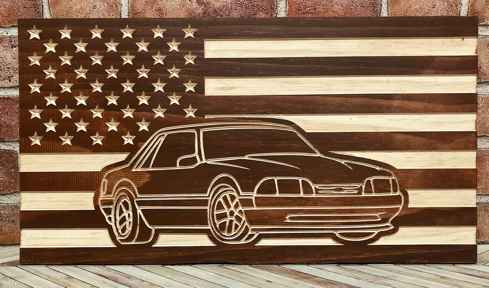 1987-1993 Fox Body Mustang Wood Sign: American Flag Garage Decor