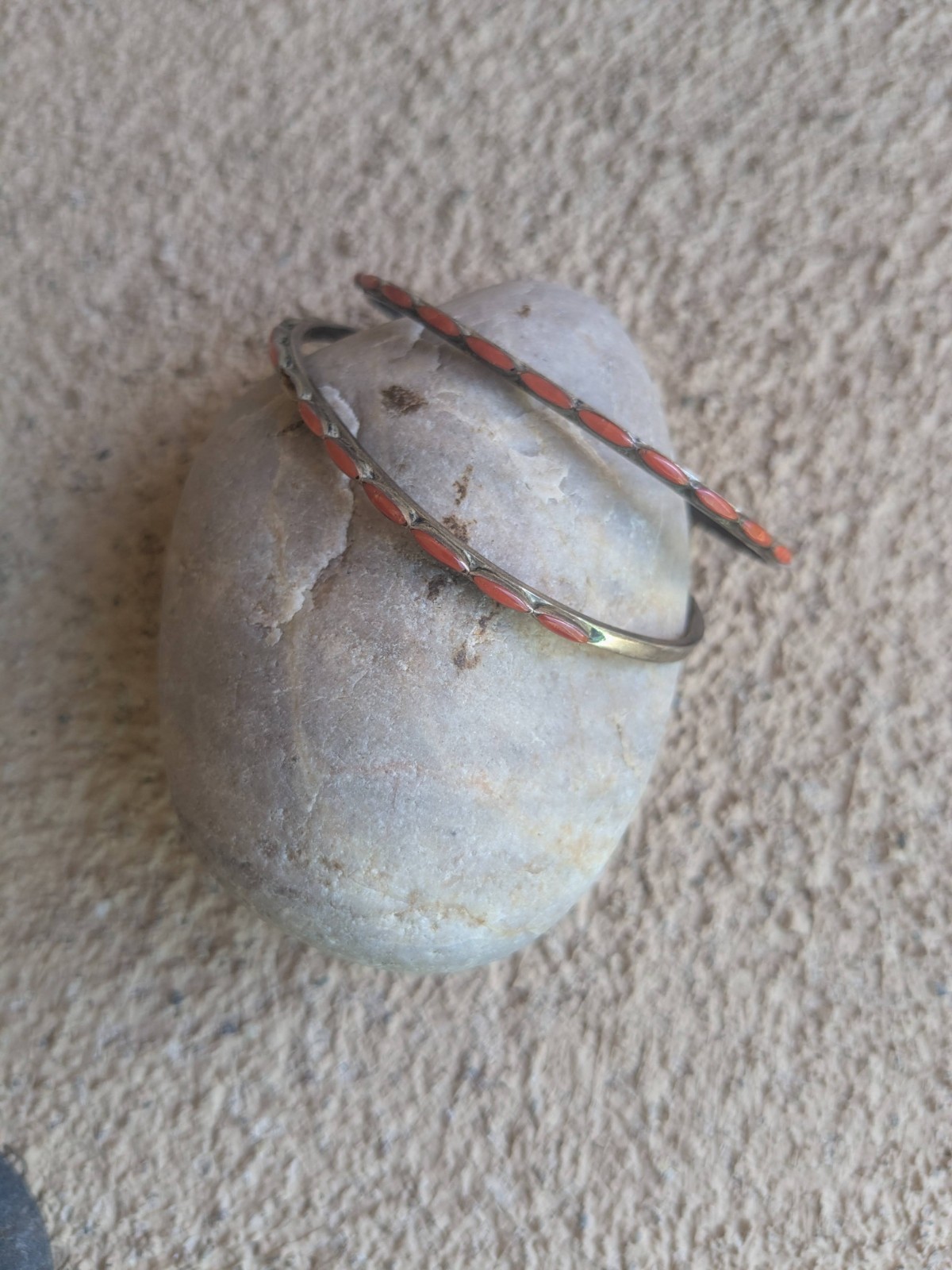 Vintage Pair Signed L.P. Westika Zuni Sterling Silver Red Coral Row Cuffs