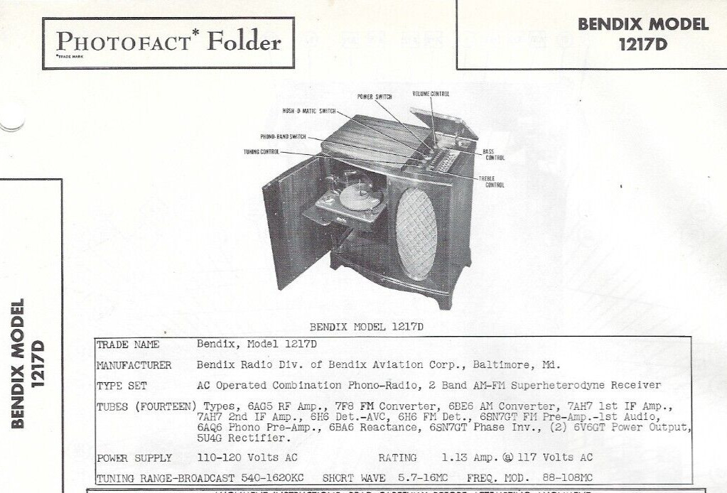1948 Bendix 1217D Console Radio Phonograph Photofact Service Manual Spec Sheet