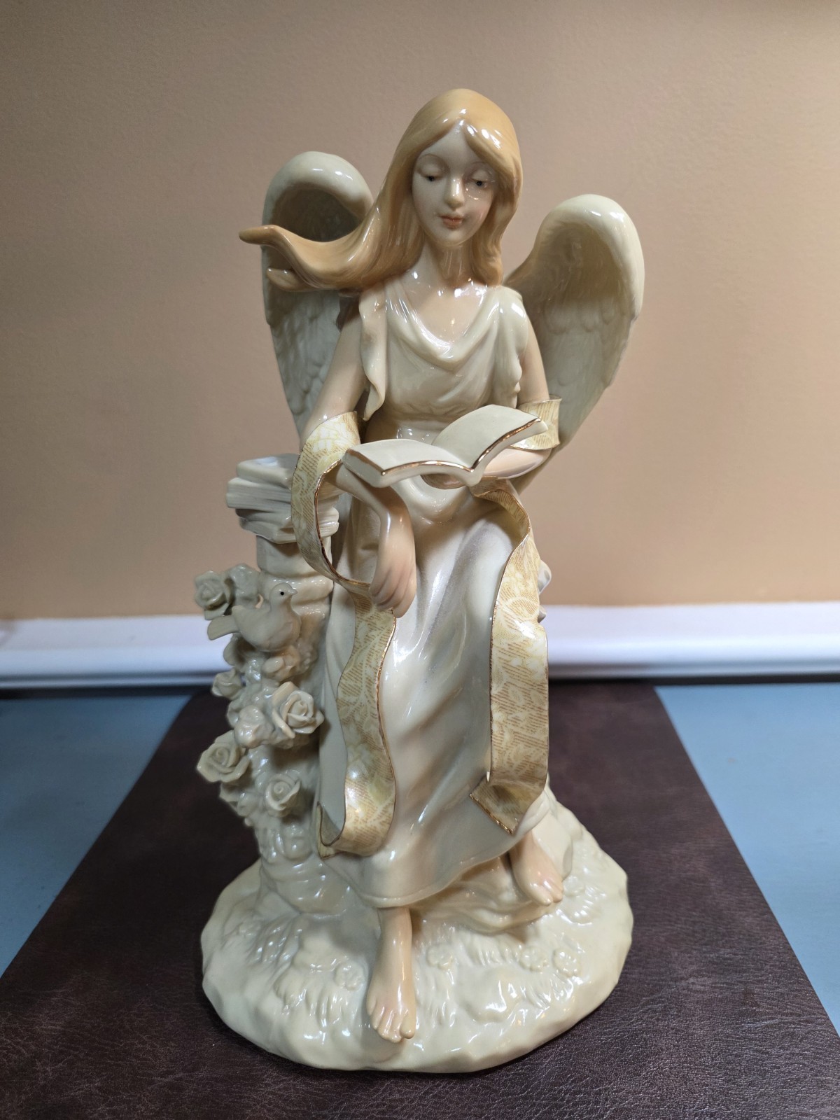 Angel Figurine Reading Book Porcelain - Living Home Christmas