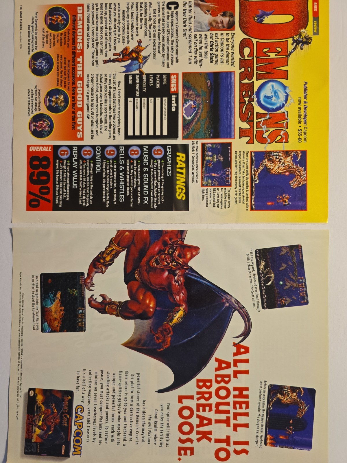 ​RARE DEMON\'S CREST SNES 1994 MAGAZINE REVIEW & PROMO AD LOT