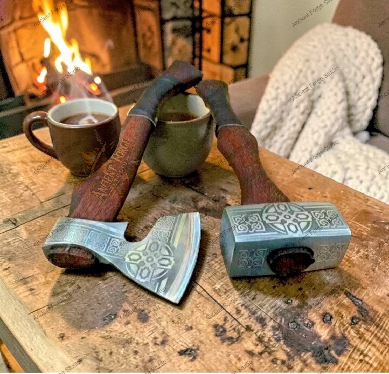 Luxury Hand-Forged Viking Axe & Thor Hammer – Carbon Steel Nordic Weapon