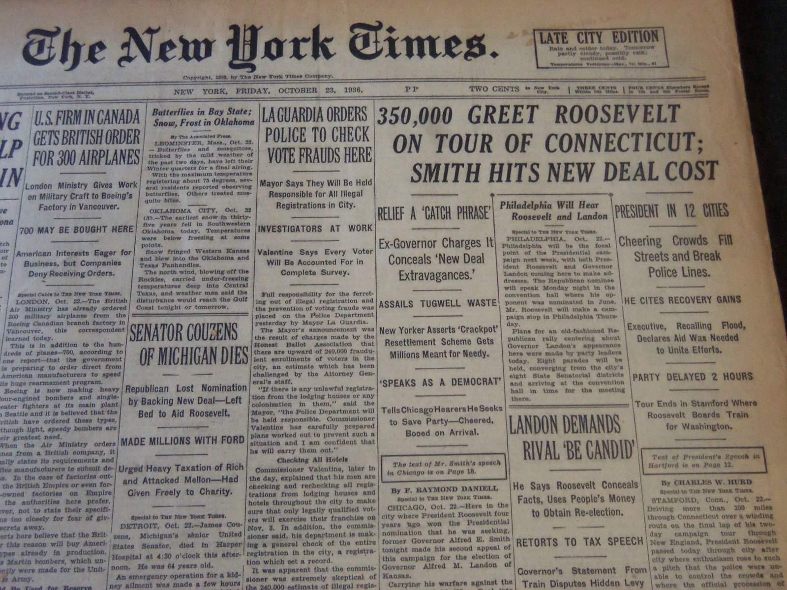1936 OCTOBER 23 NEW YORK TIMES - 350,000 GREET ROOSEVELT IN CONNECTICUT- NT 6705