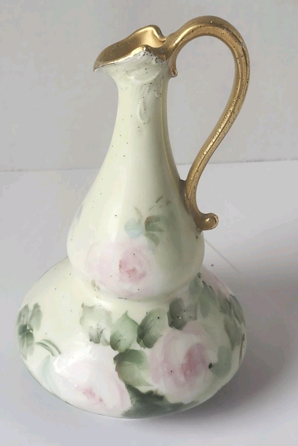 Vintage Porcelain Ewer Pitcher Vase Hand Painted Pink Roses Gold Gilt 5.5”