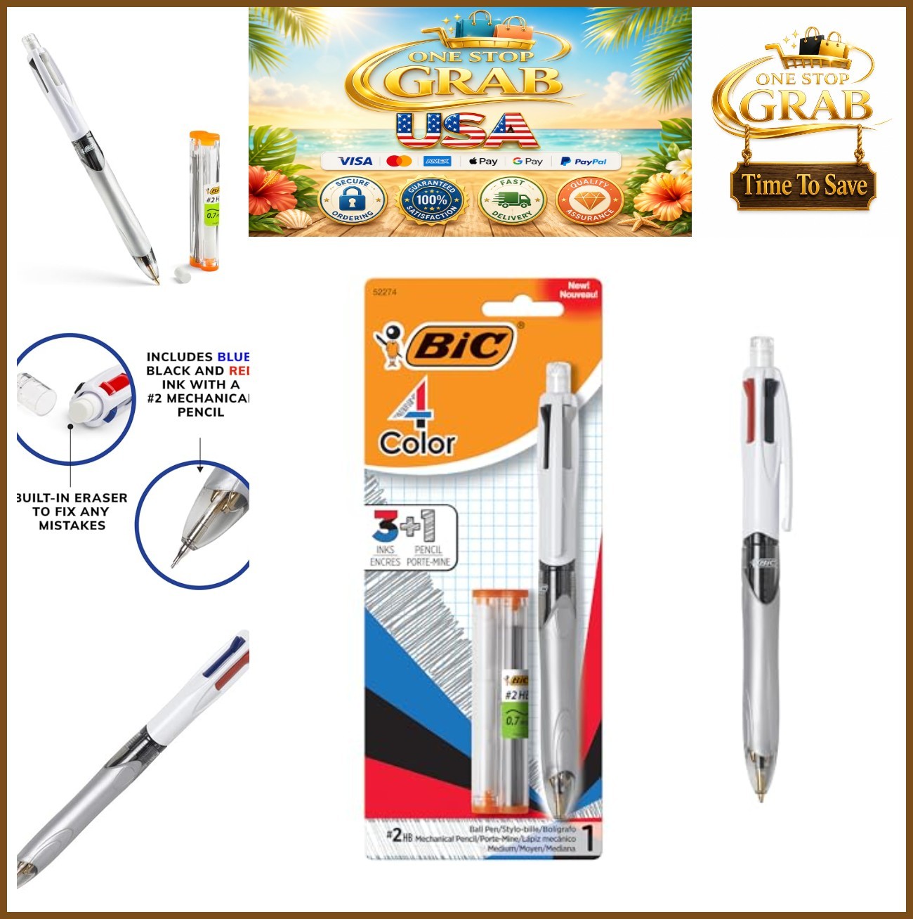 Retractable Ballpoint Pen 4 Color 3 in 1 Black Red Blue Ink 0.7mm Pencil