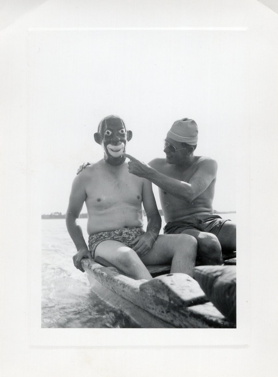Men Wearing Offensive Mask Lake Weird Odd Creepy Photo Snapshot Vtg MCM Funny