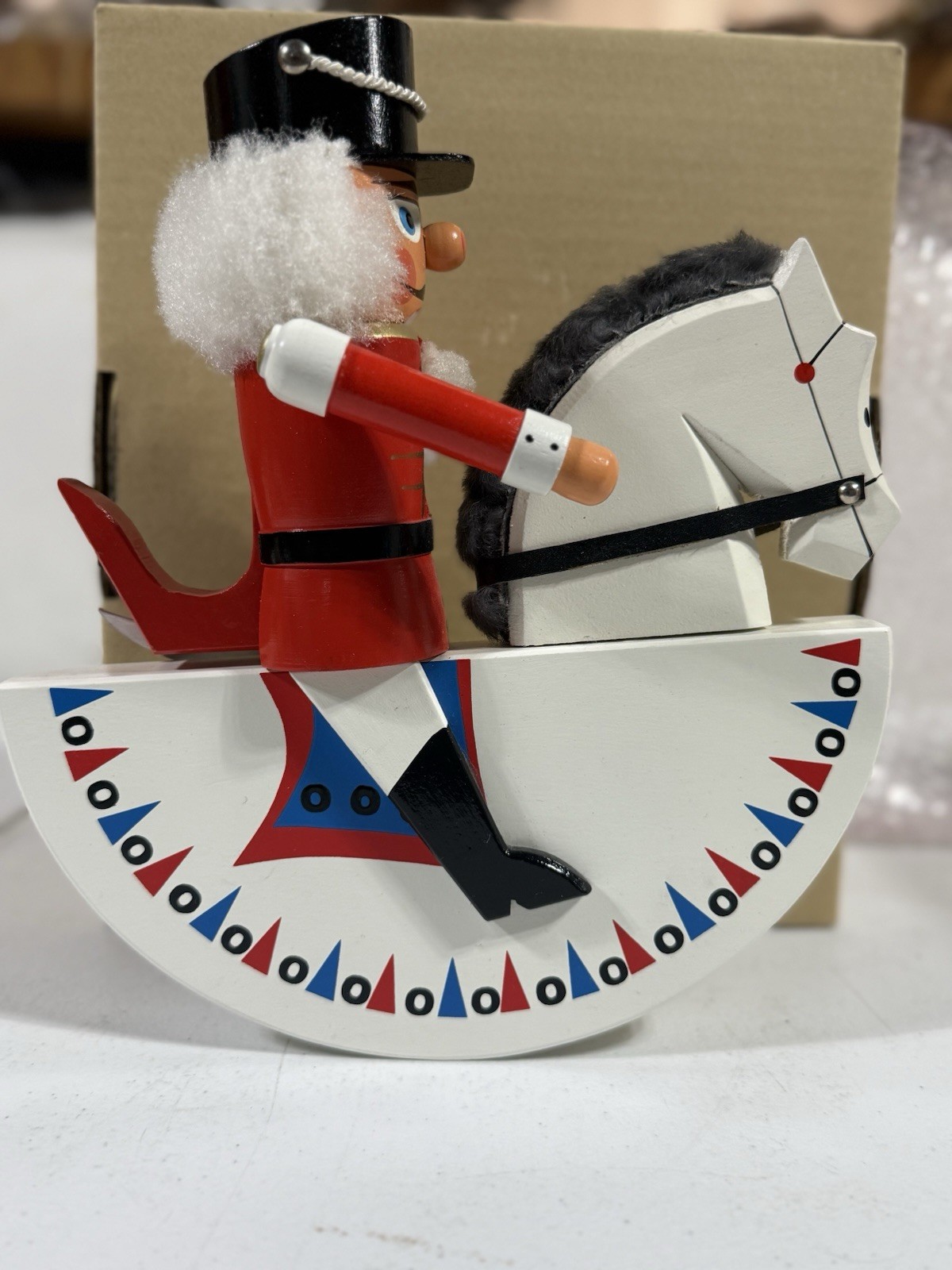 Vintage German Wooden Nutcracker on Rocking Horse – New in Box