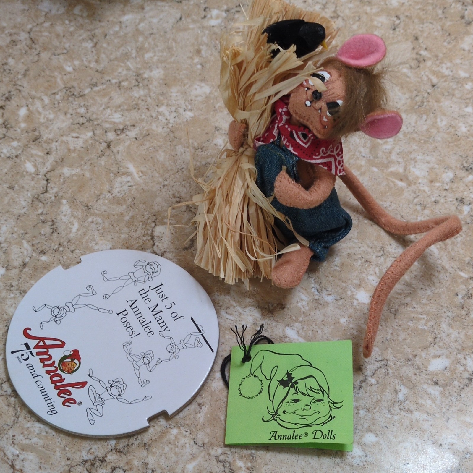 Very Rare, Annalee Handmade Felt Mouse Doll Figurine with Raffia Straw and Tags