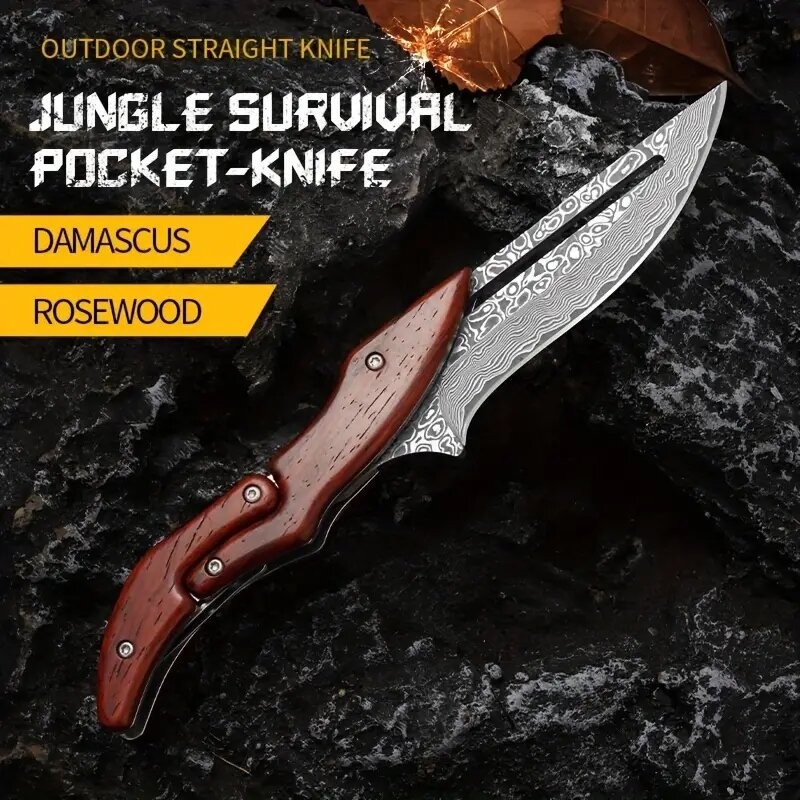 Damascus Steel Mechanical Folding KnifeNatural Wood Handle Tactical Pocket Blade
