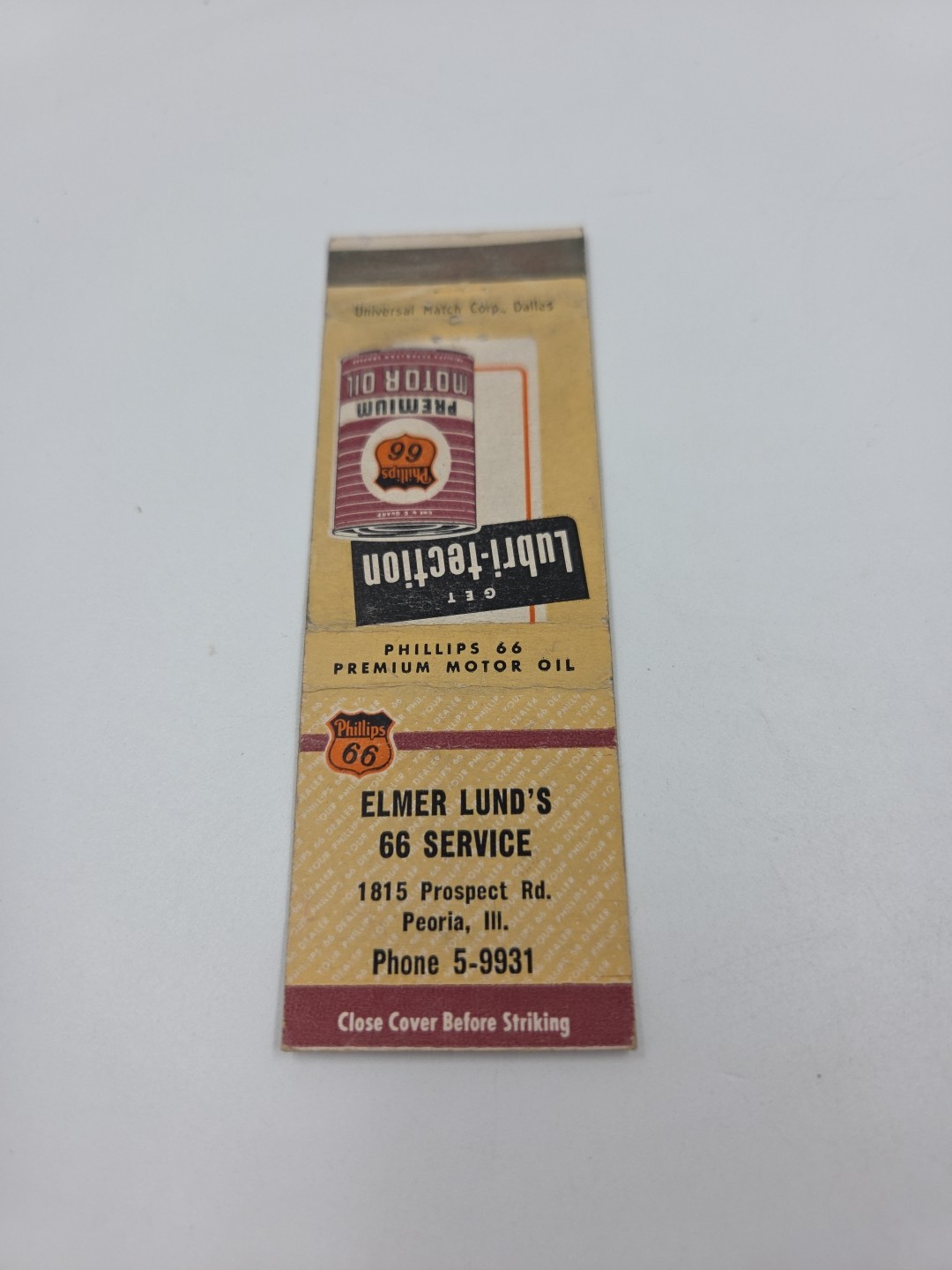 Elmer Lund\'s 66 Service Peoria Illinois Matchbook Cover