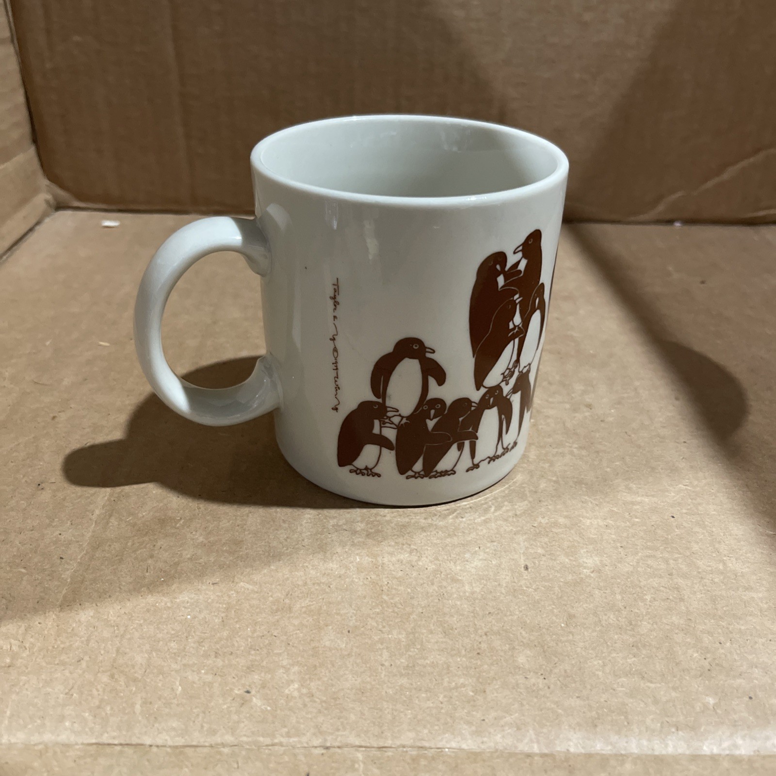 Vintage Taylor & Ng Naughty Penguins Coffee Mug Cup Japan Ceramic Brown 1979