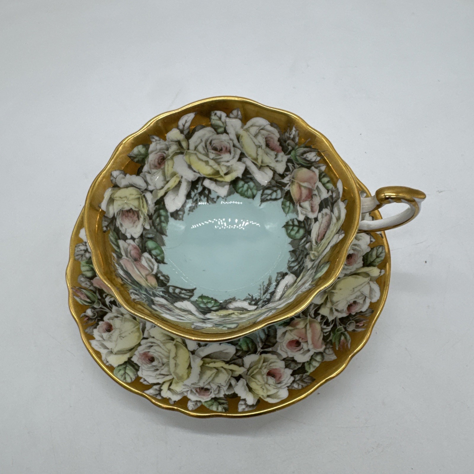 PARAGON By Appointment Double Warrant Cabbage Rose Blue Gold Gilt Cup Saucer