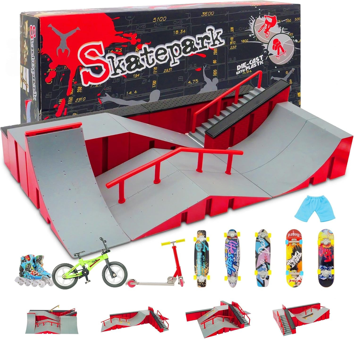 Finger Skateboard Park Kits (9 in 1),Finger Skateboard Ramp Set with 5 Fingerboa