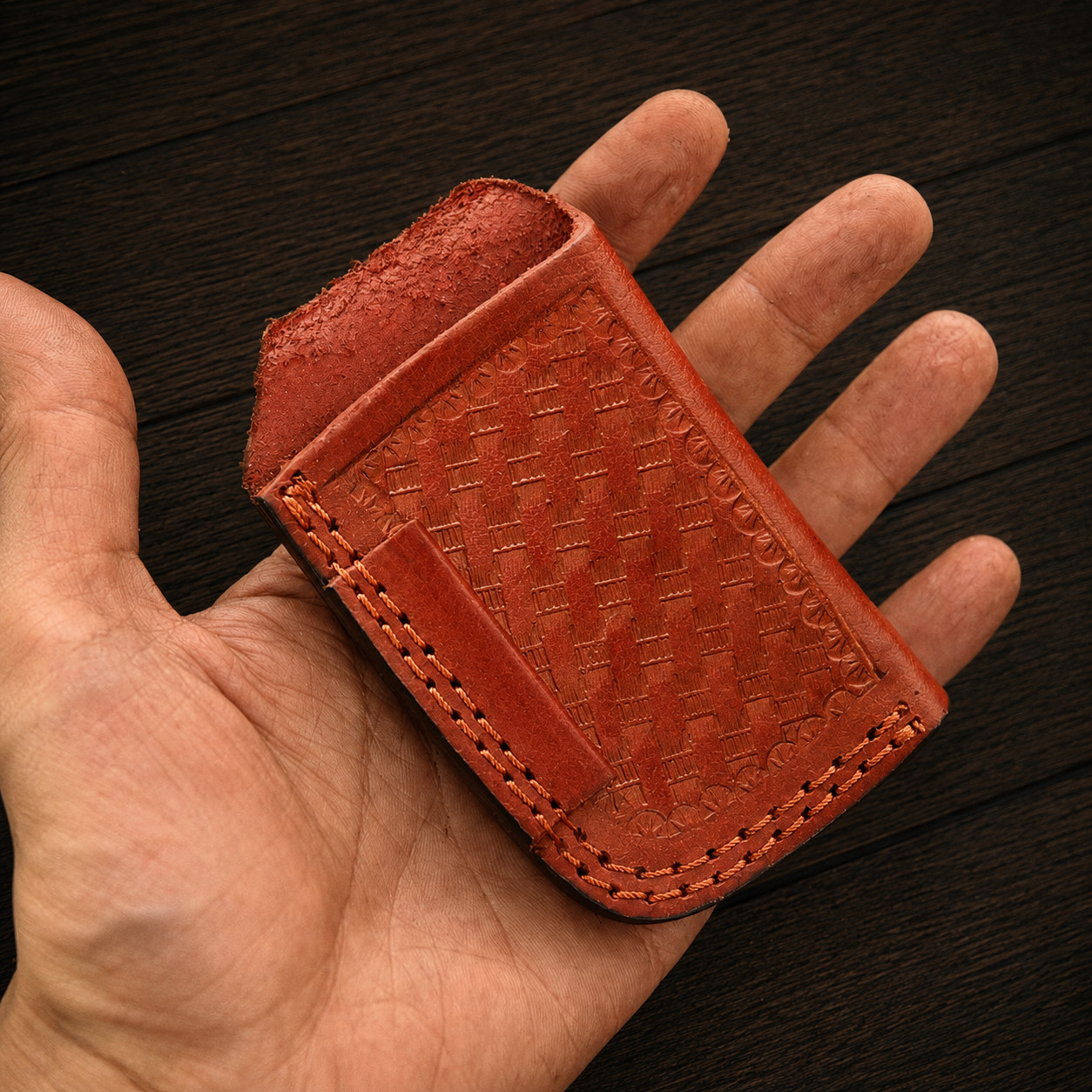 Handmade Genuine Leather Folding Knife Sheath –Vertical Belt Carry Tooled Design