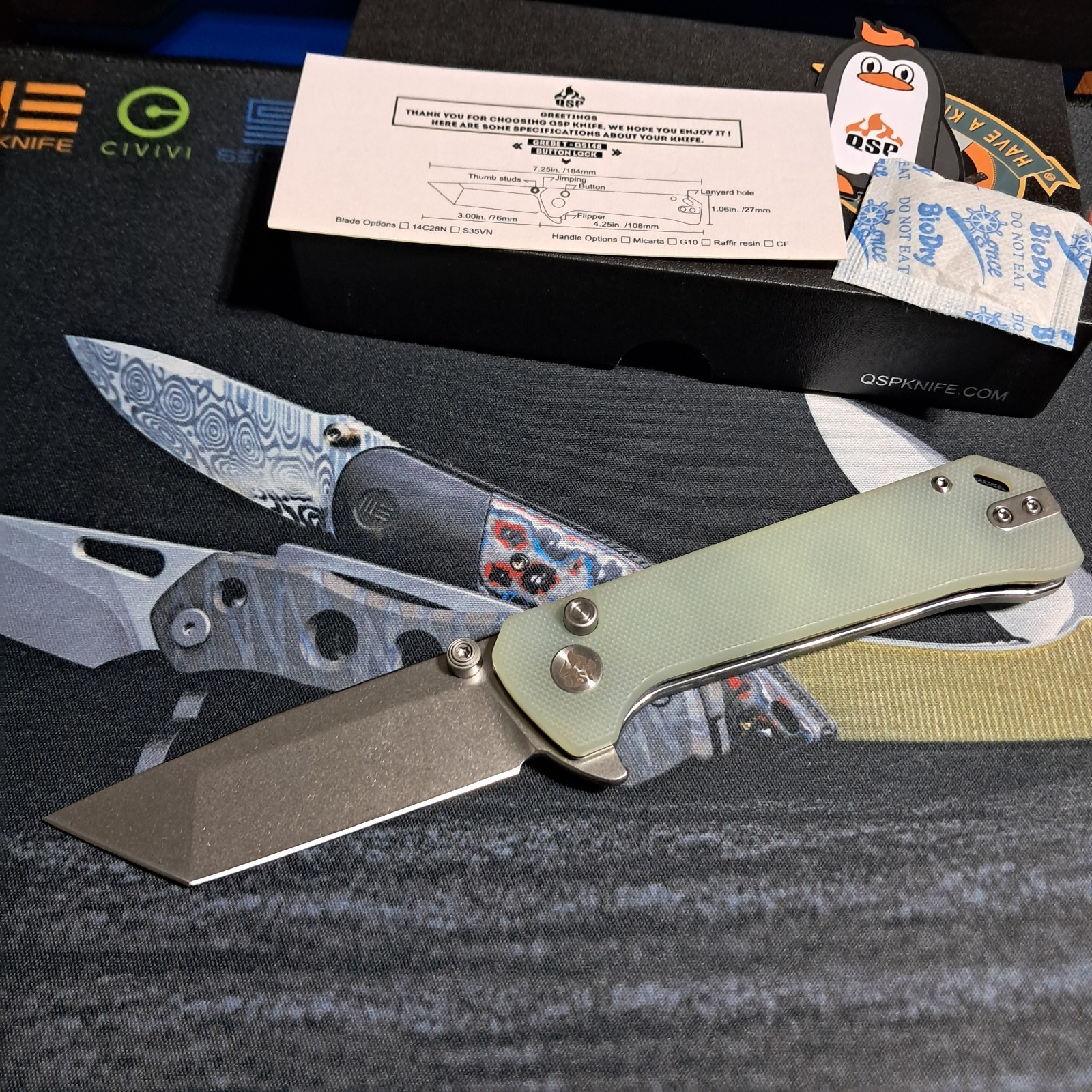 QSP Grebe T Button Lock Folding Knife Jade G10 Handle 14C28N Tanto QS148-D2