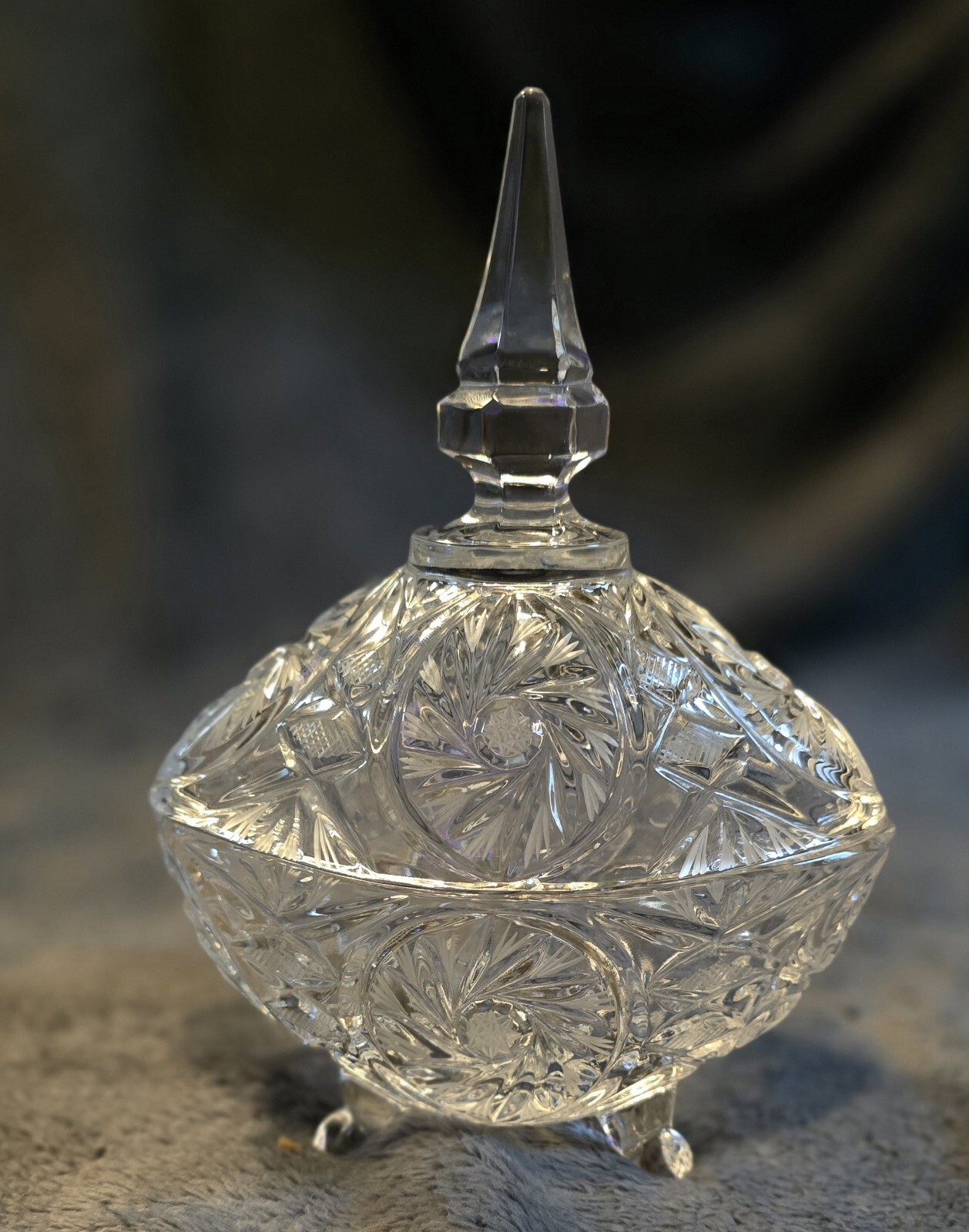 Stunning Vtg Oval Marquis Shaped Crystal Large Footed Candy Dish With Lid HEAVY