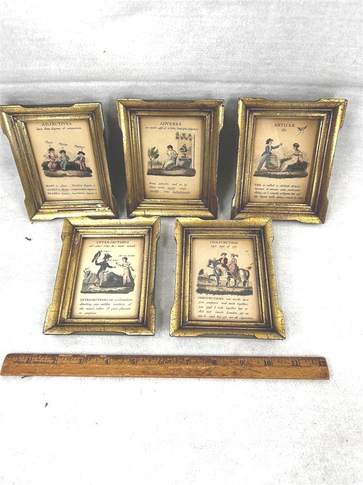 antique framed colored illustrated English Parts of Speech 4x5 matching 5 pcs