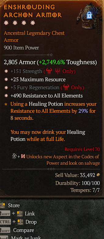 Diablo 4 S14 Legendary Chest Armor-4GA-Str + Max Resource + Fury Regen+Res All
