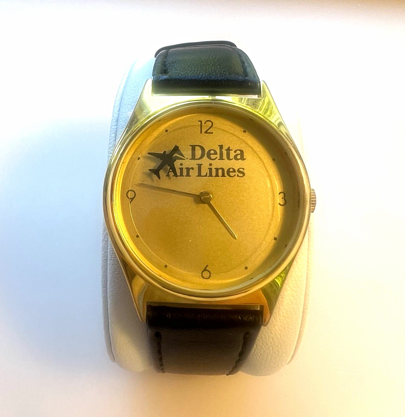 Delta Air Lines vintage Wristwatch Gold Tone Dial Black Leather Band