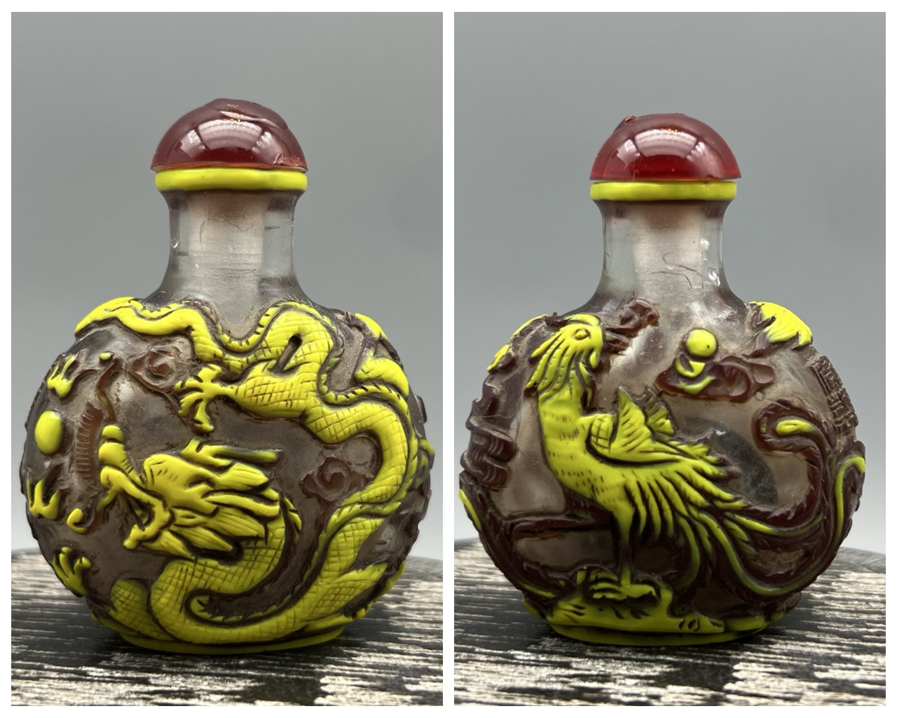 Chinese Colored Glaze Carved Dragon Phoenix Statues Exquisite Bottle Art