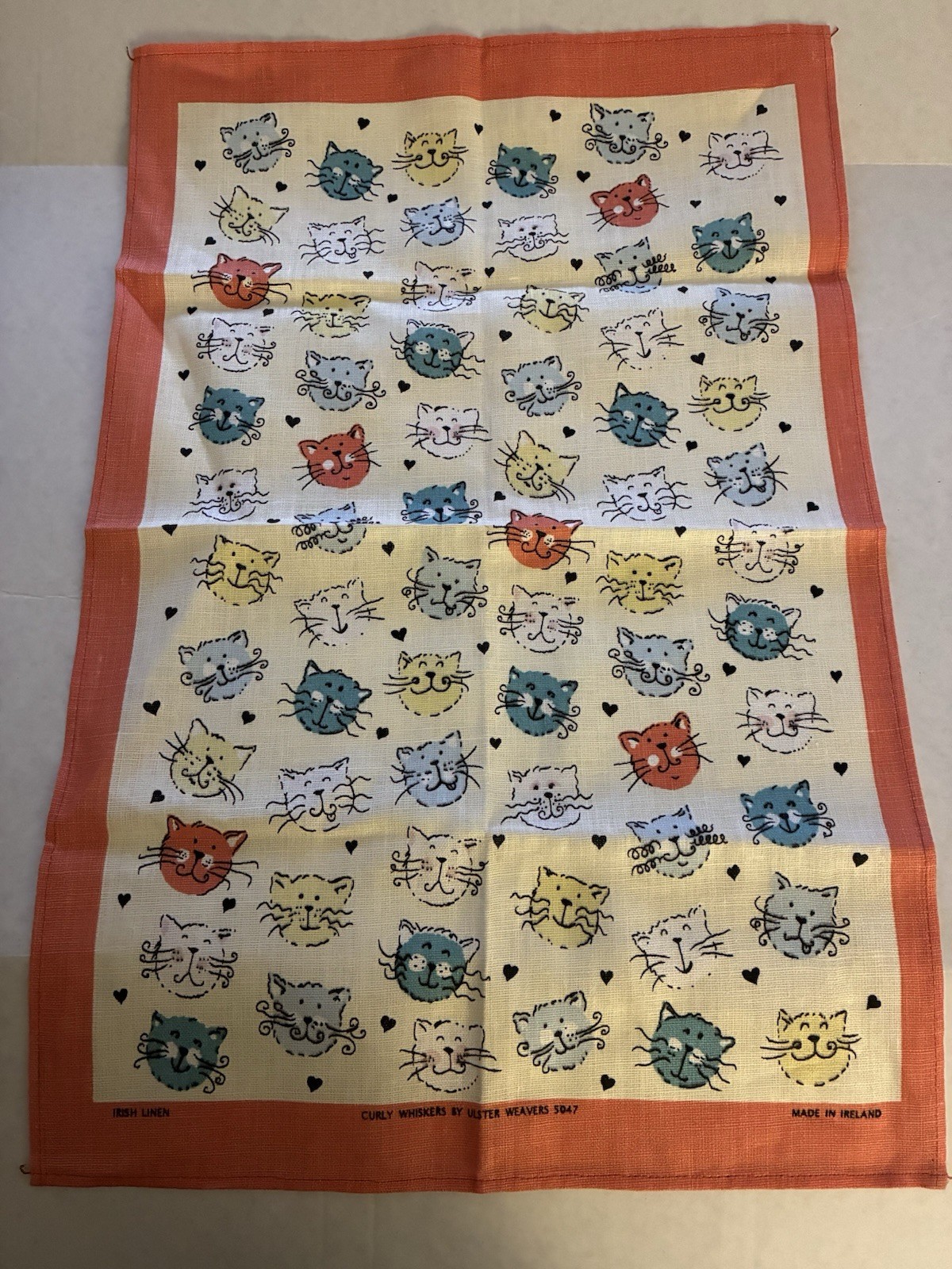 Vintage Ulster Weavers Tea Towel Irish Linen Cats “Curly Whiskers” Cute  EUC