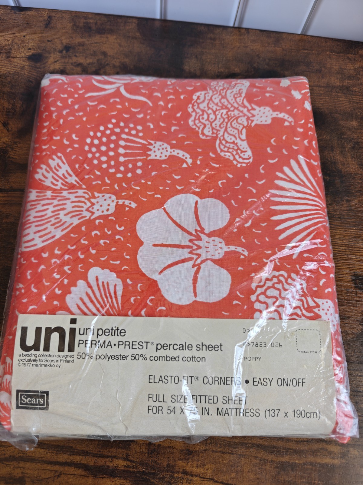 Vintage 1977 Marimekko Sears Uni Petite Poppy Full Fitted Sheet 54x75 NOS Sealed