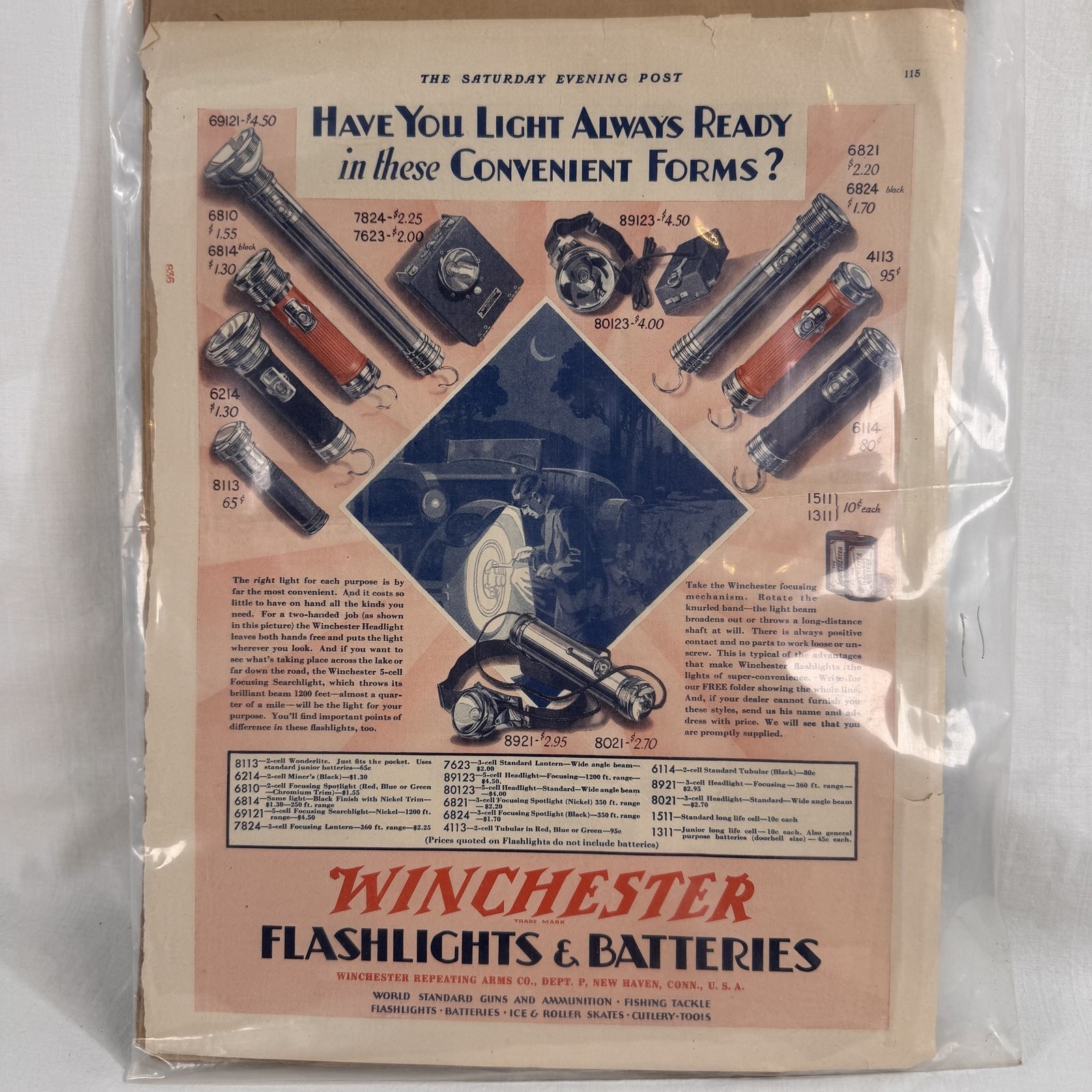 Vintage Winchester Flashlights and Batteries Print Advertisement Saturday Evenin
