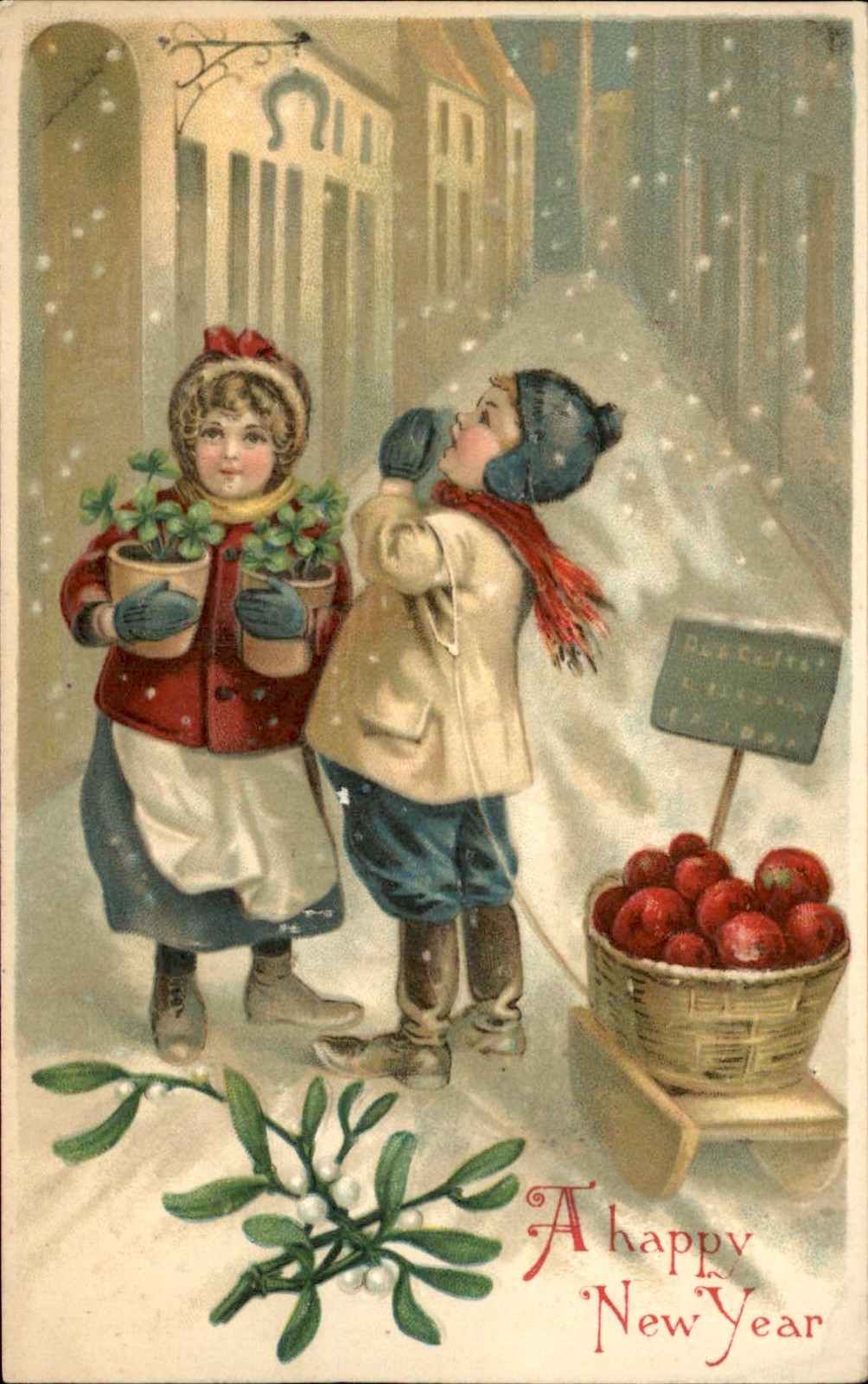 New Year's Children with Potted Plants Winter Scene c1910s-20s Vintage Postcard
