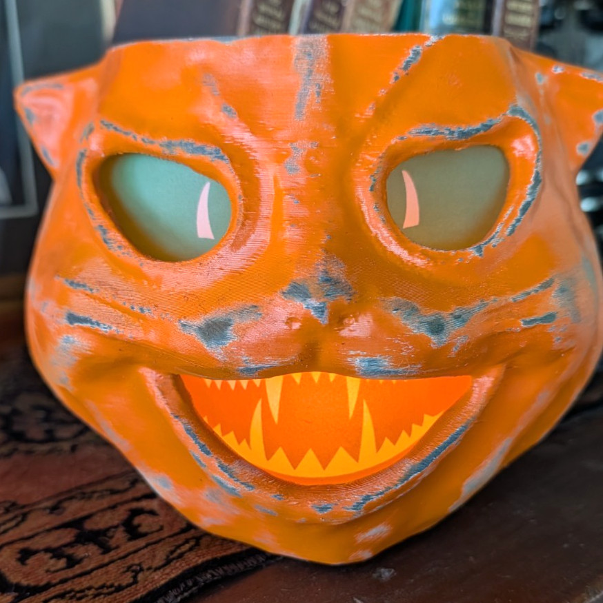 Vtg German Paper Mache Style Halloween Jack-o-Lantern Orange Cat Pumpkin 6\
