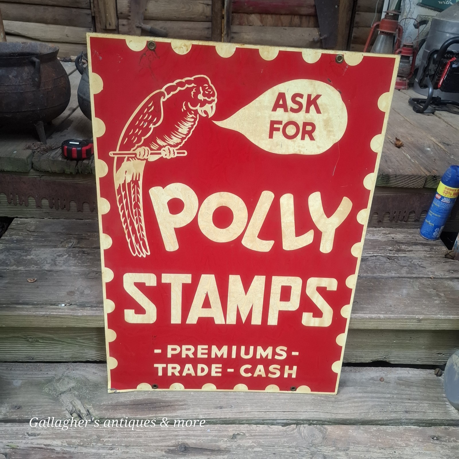 Rare large double sided Polly Stamps Parrot Bird Character Graphics Tin Sign 