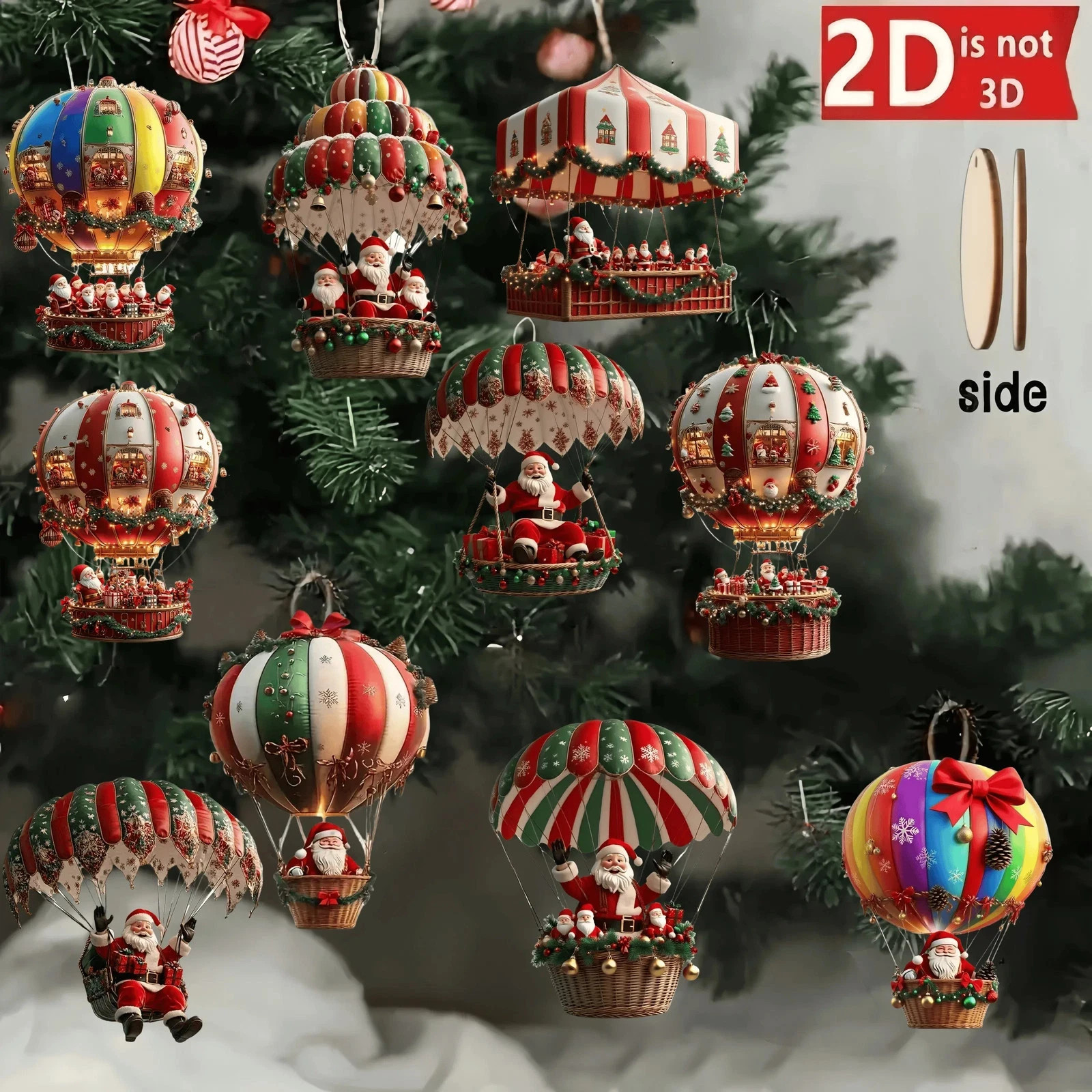 10Pcs Christmas Wooden Hot Air Balloon Santa Claus 2D Flat Wooden Pendant Christ