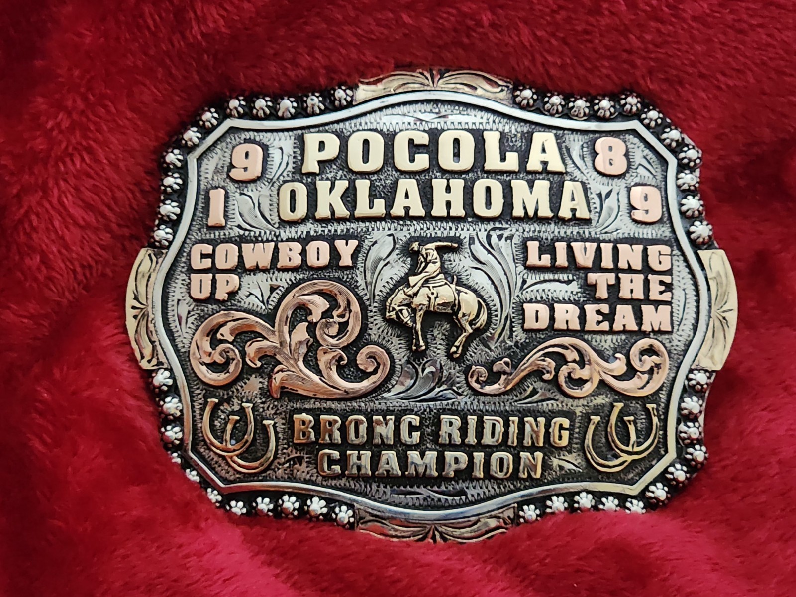 Bronc Riding X~Treme Rodeo Champion Trophy Buckle☆Pocola Oklahoma☆1989☆Rare☆236