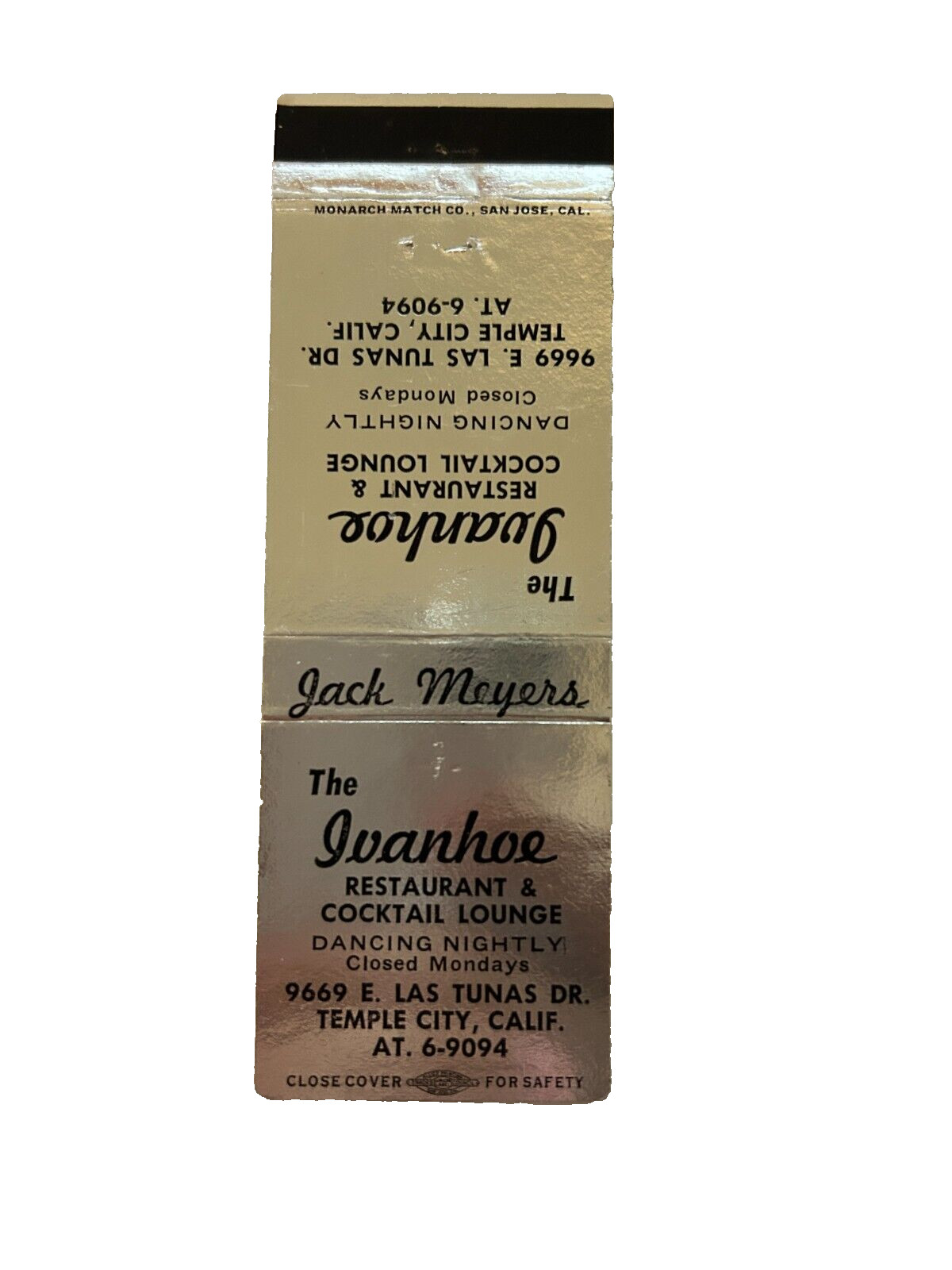 THE IVANHOE RESTAURANT Matchbook Matchcover - TEMPLE CITY, CALIFORNIA